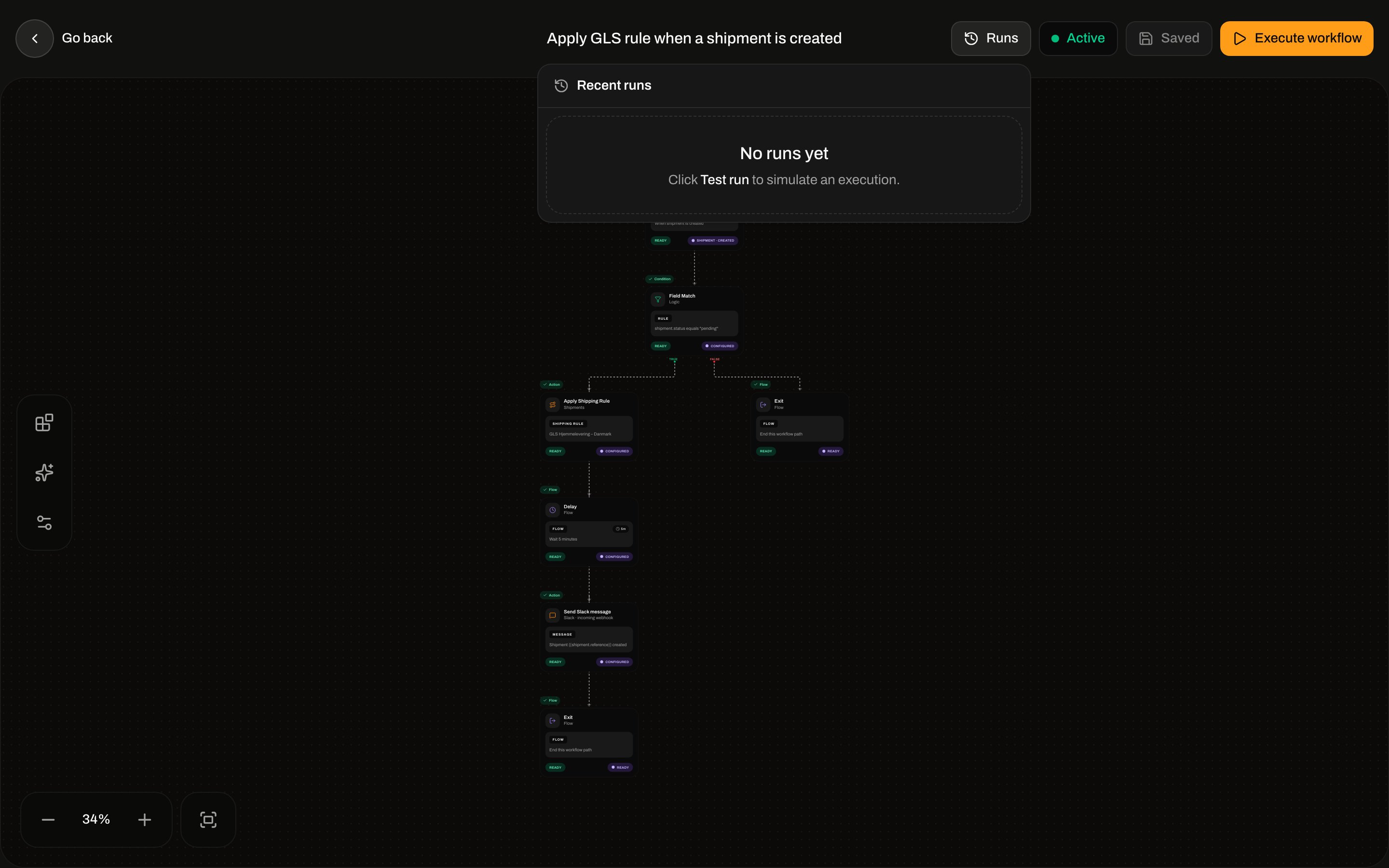 Recent runs popover showing No runs yet and a hint to click Test run