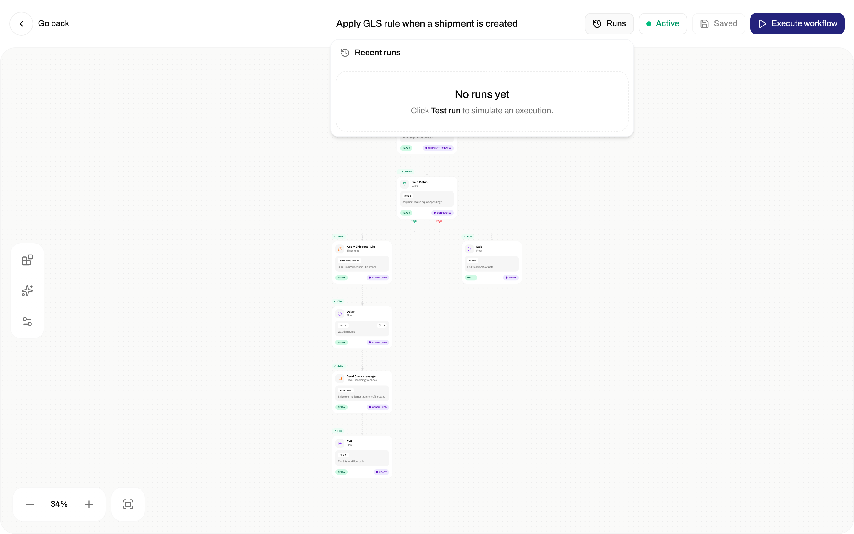 Recent runs popover showing No runs yet and a hint to click Test run
