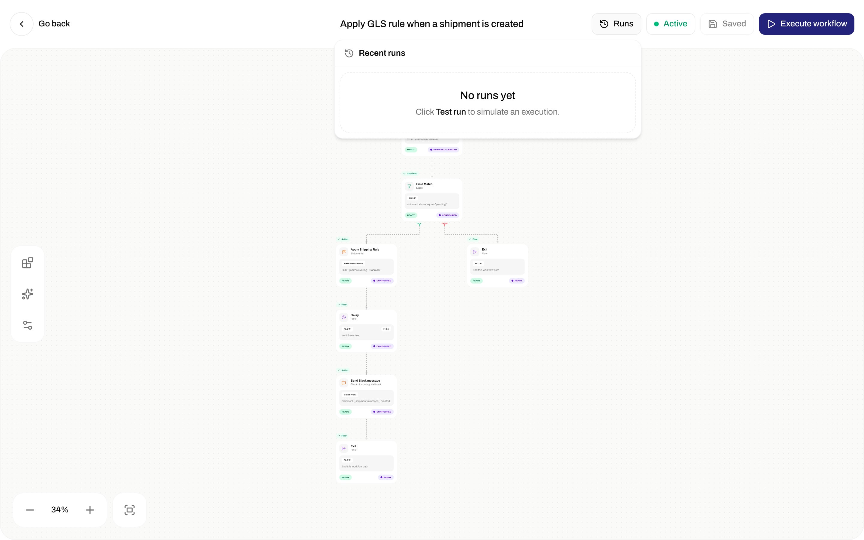 Recent runs popover showing No runs yet and a hint to click Test run