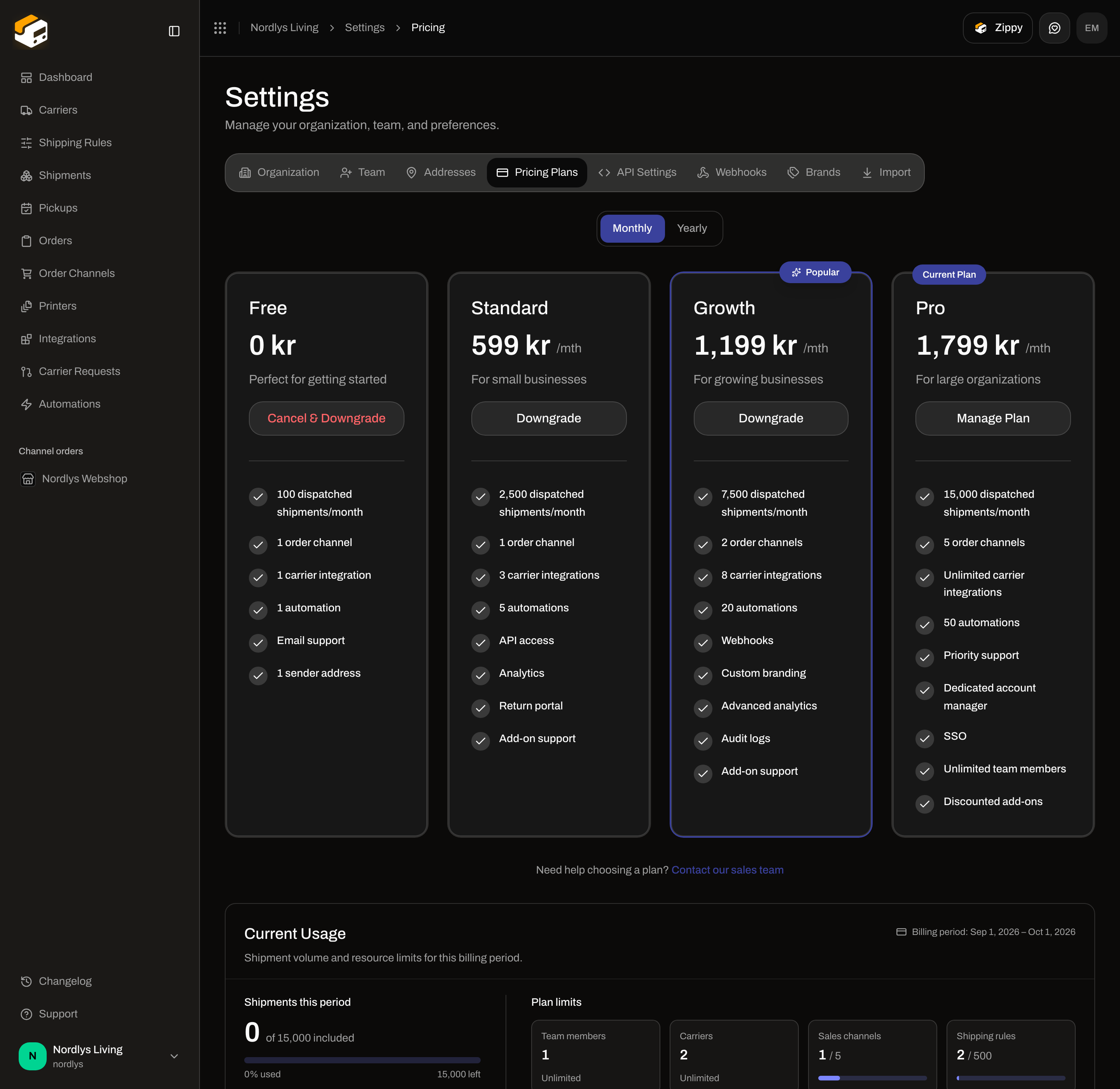 Pricing Plans with Monthly and Yearly toggle and Free, Standard, Growth, and Pro cards