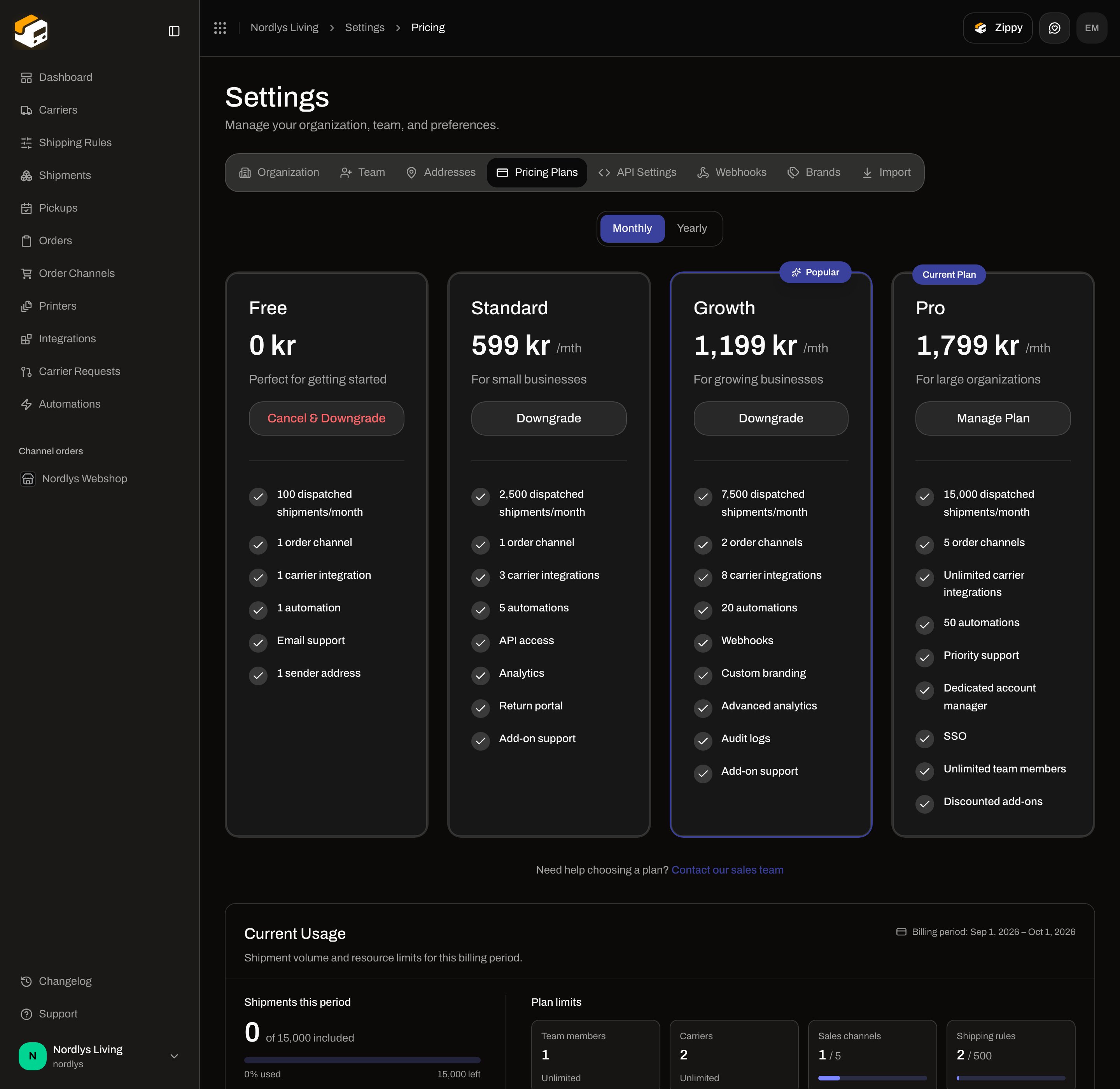 Pricing Plans with Monthly and Yearly toggle and Free, Standard, Growth, and Pro cards