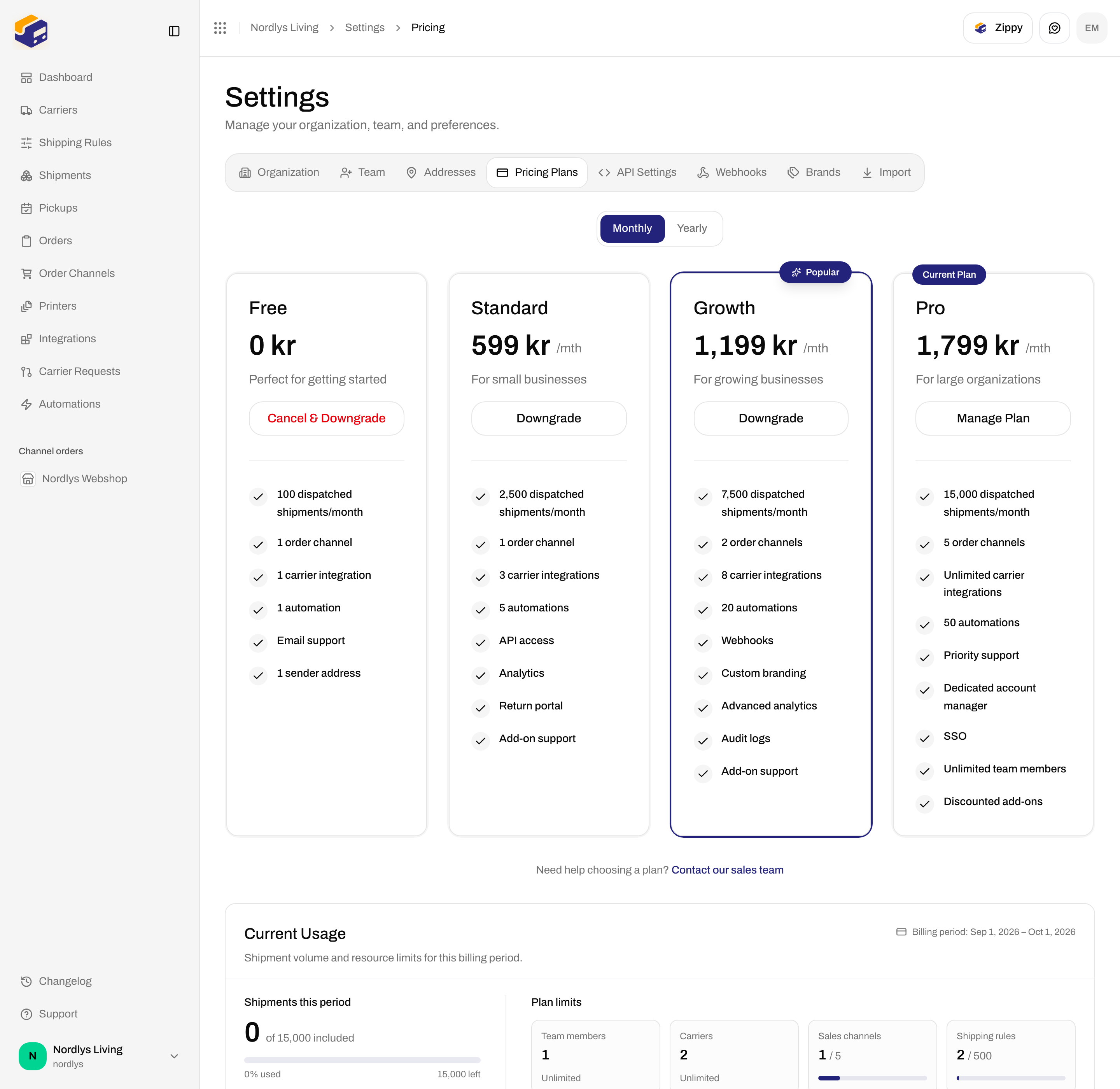 Pricing Plans with Monthly and Yearly toggle and Free, Standard, Growth, and Pro cards