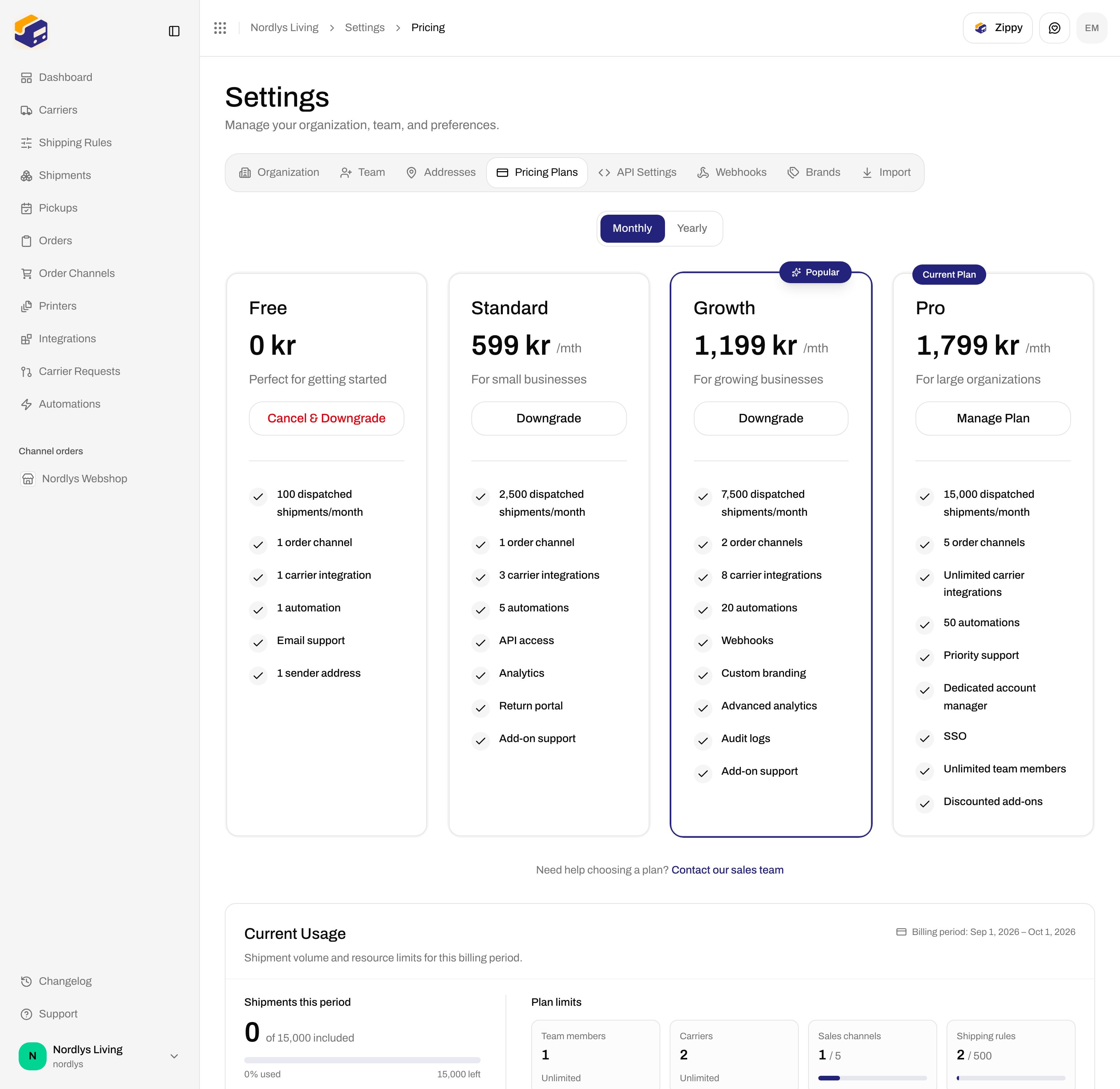Pricing Plans with Monthly and Yearly toggle and Free, Standard, Growth, and Pro cards