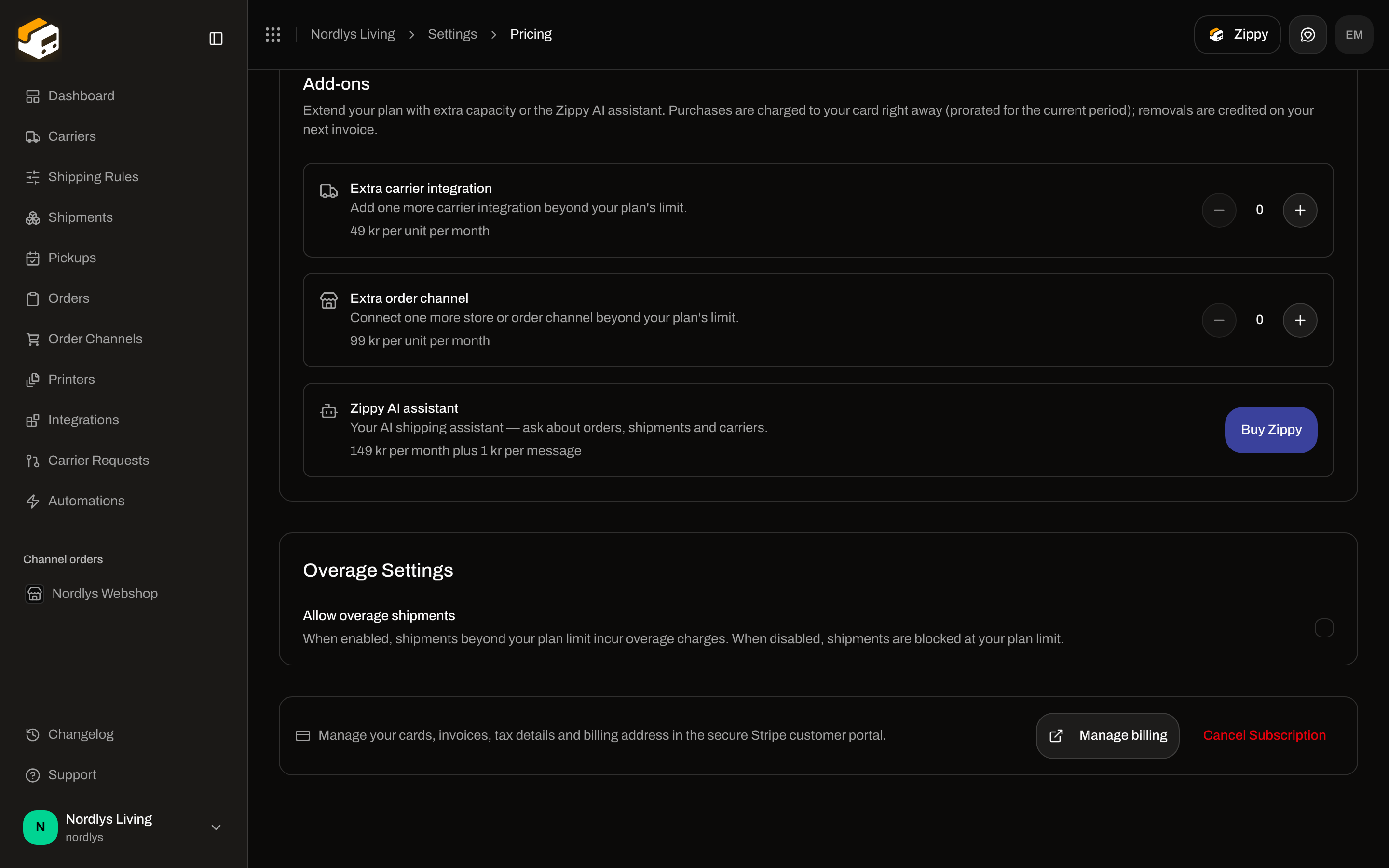 Overage Settings with Allow overage shipments and Manage billing