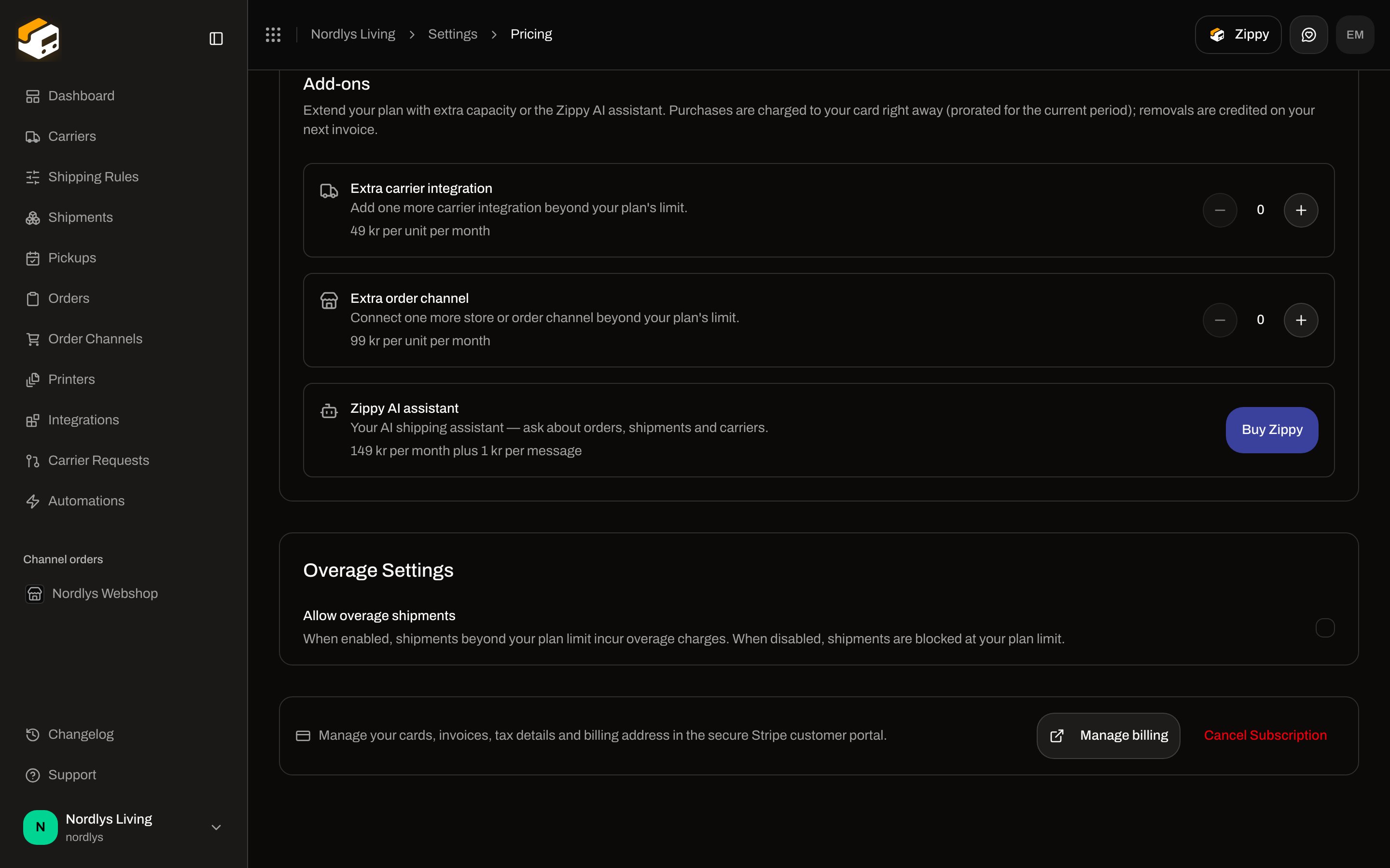 Overage Settings with Allow overage shipments and Manage billing