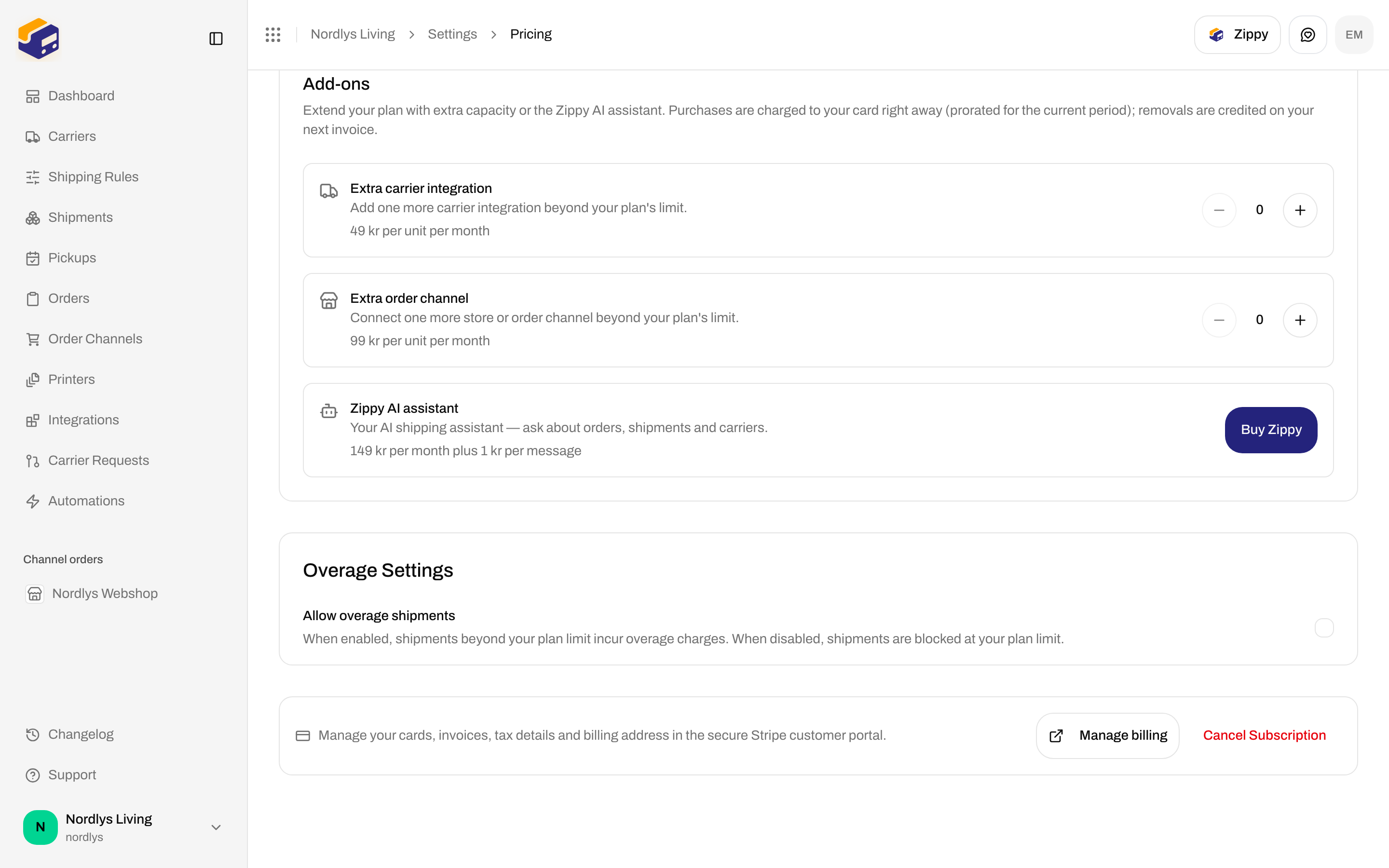 Overage Settings with Allow overage shipments and Manage billing