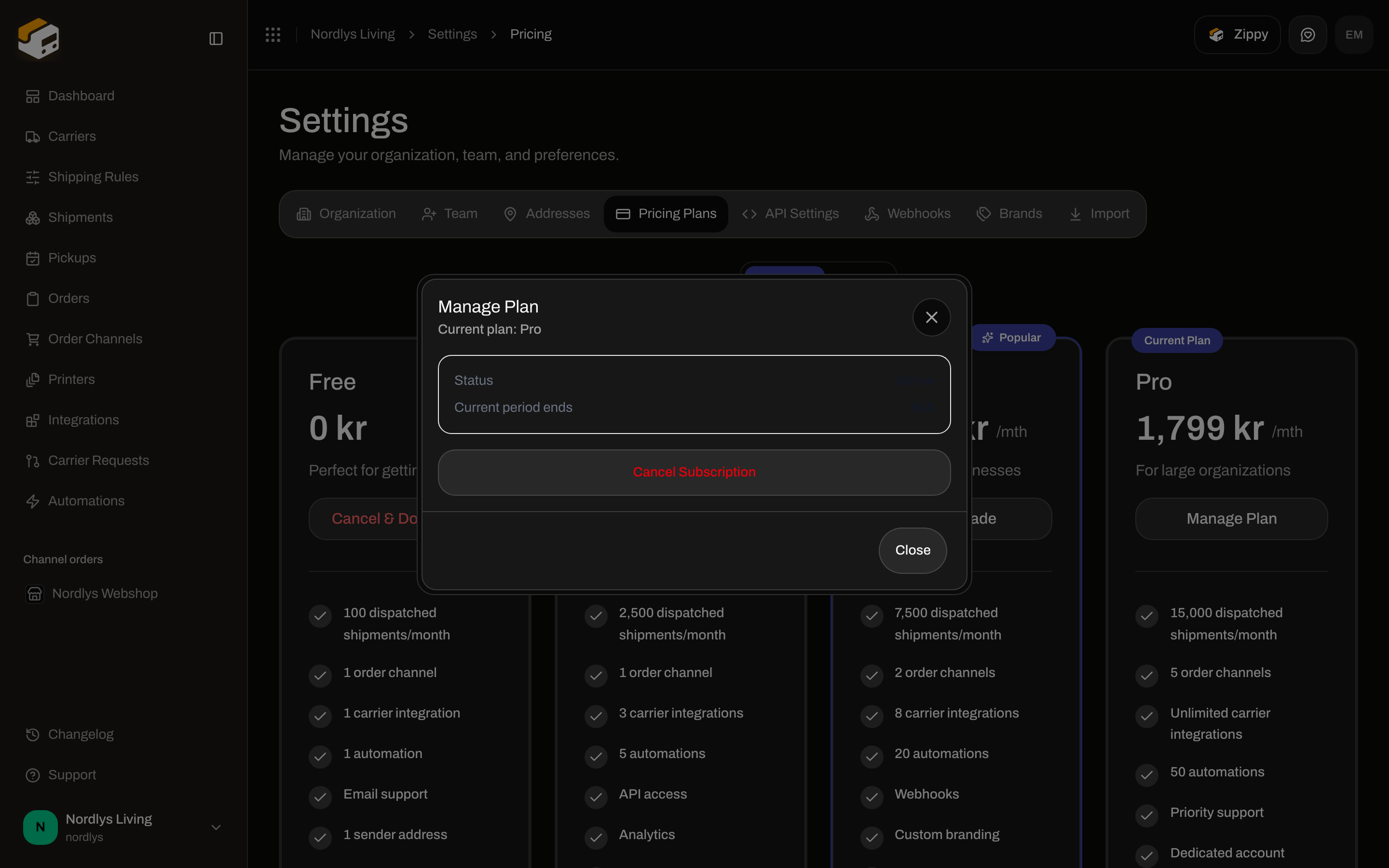Manage Plan dialog with current plan, status, and Cancel Subscription