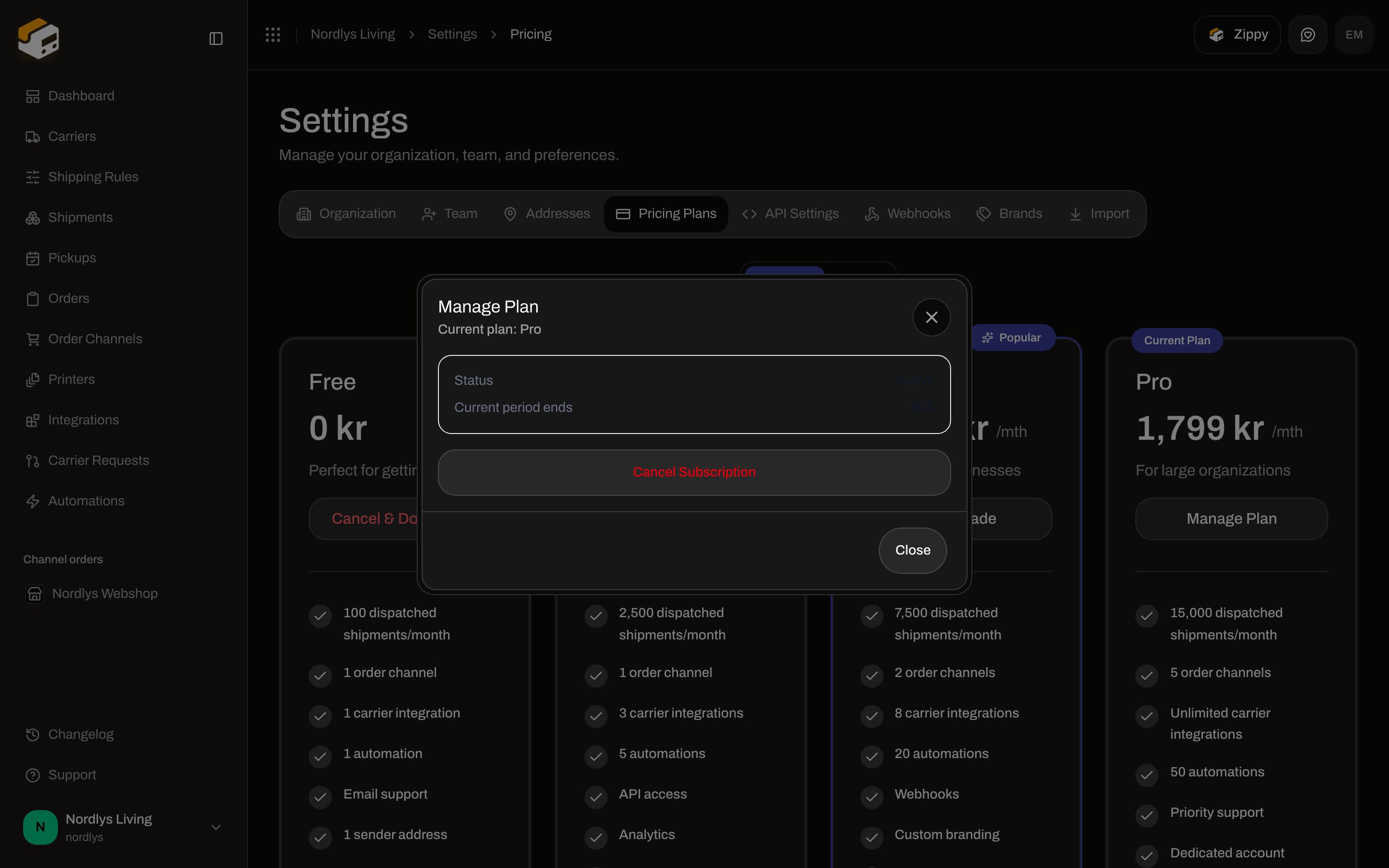 Manage Plan dialog with current plan, status, and Cancel Subscription