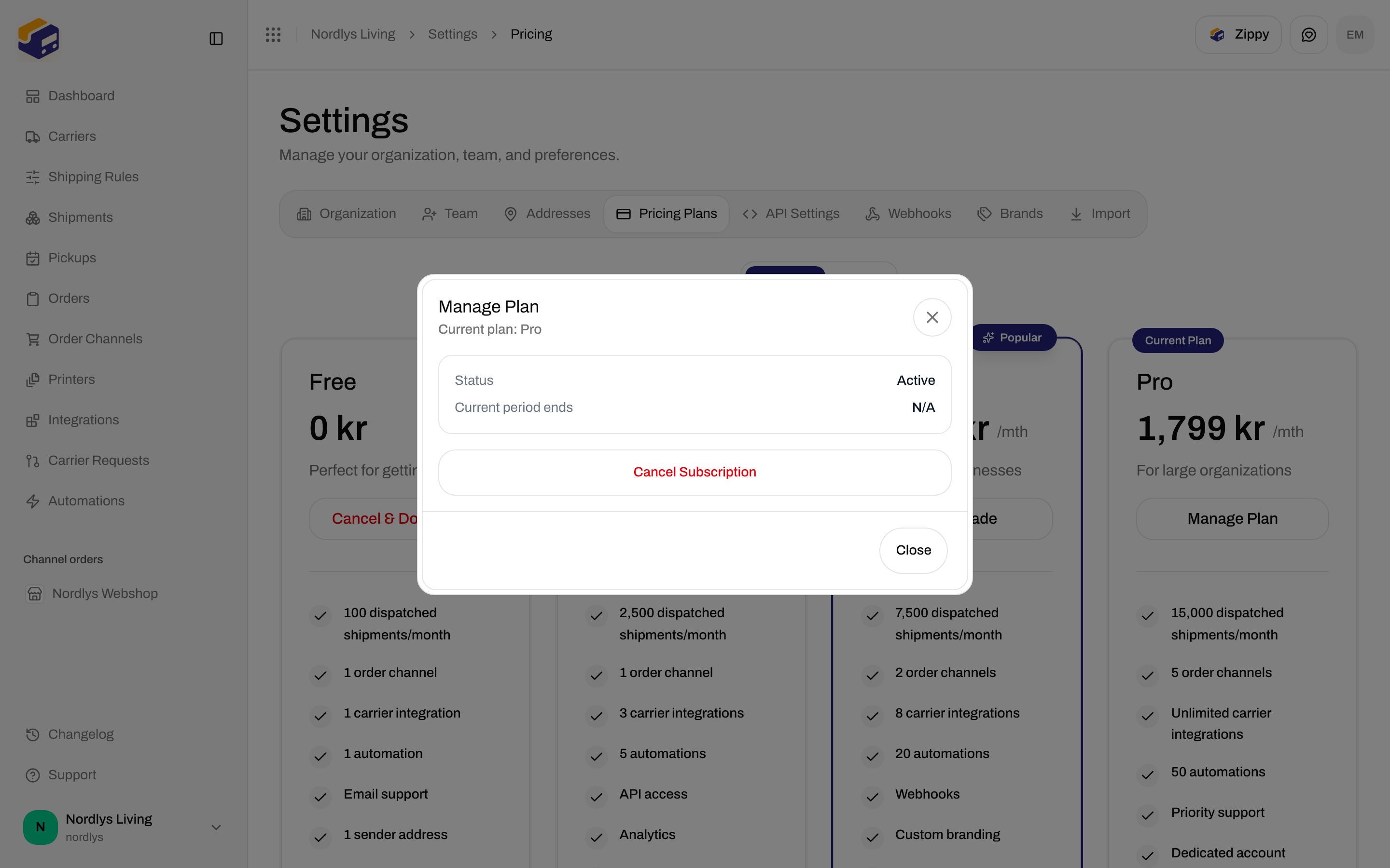 Manage Plan dialog with current plan, status, and Cancel Subscription