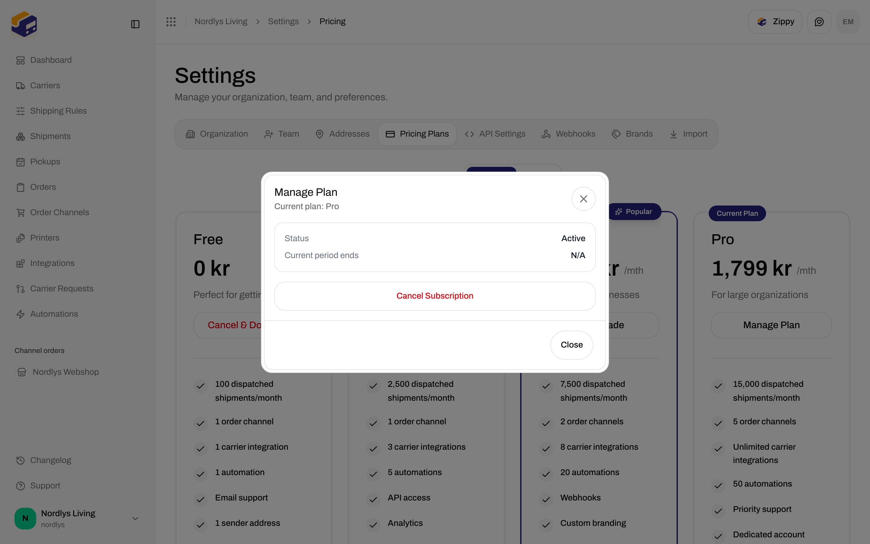 Manage Plan dialog with current plan, status, and Cancel Subscription