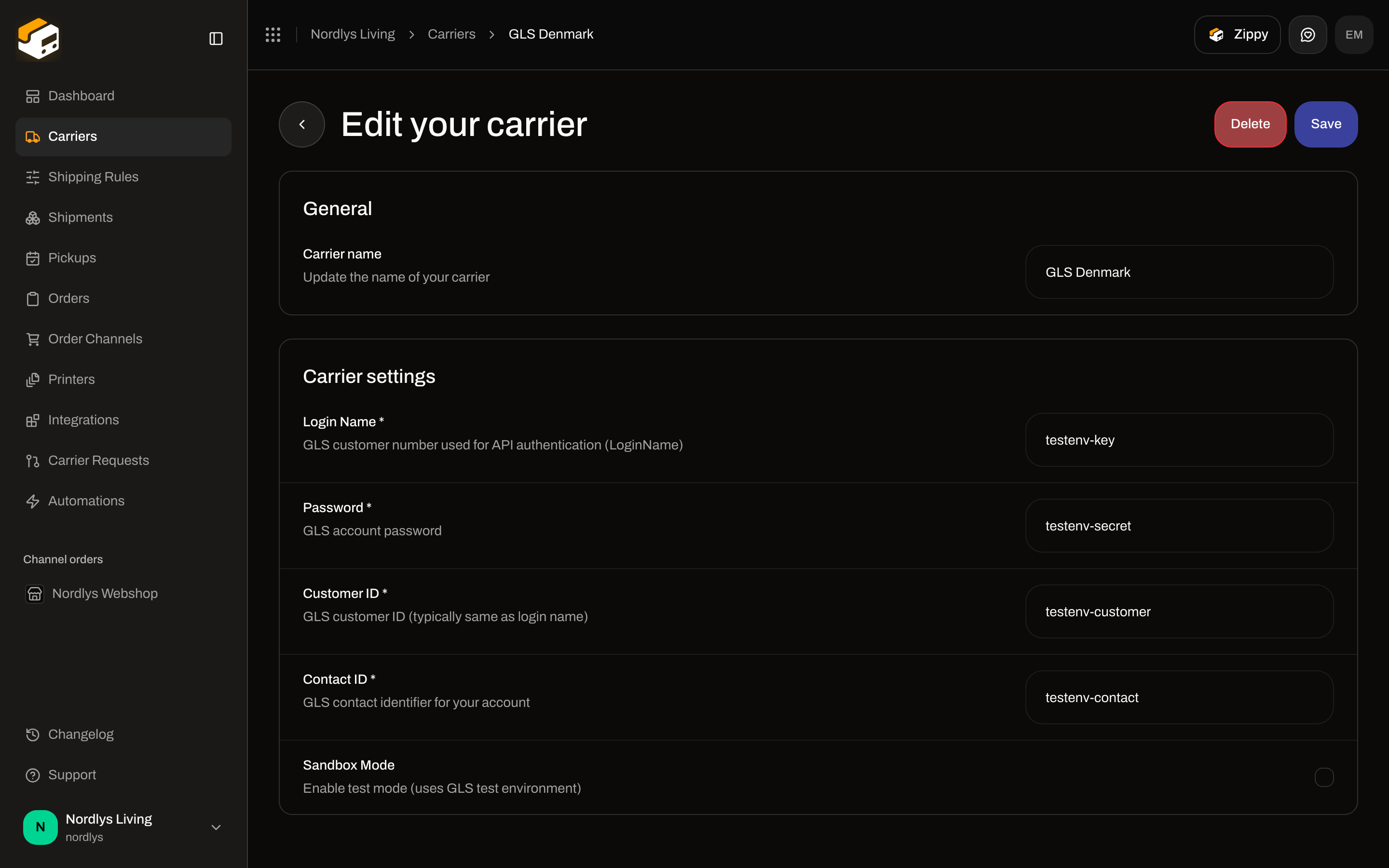 Edit your carrier for GLS Denmark with Login Name, Password, Customer ID, Contact ID, and Sandbox Mode