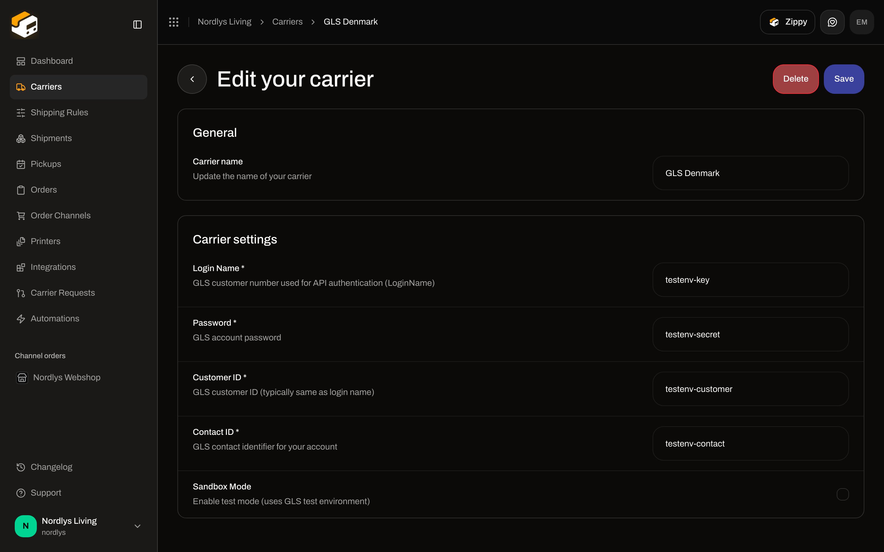 Edit your carrier for GLS Denmark with Login Name, Password, Customer ID, Contact ID, and Sandbox Mode