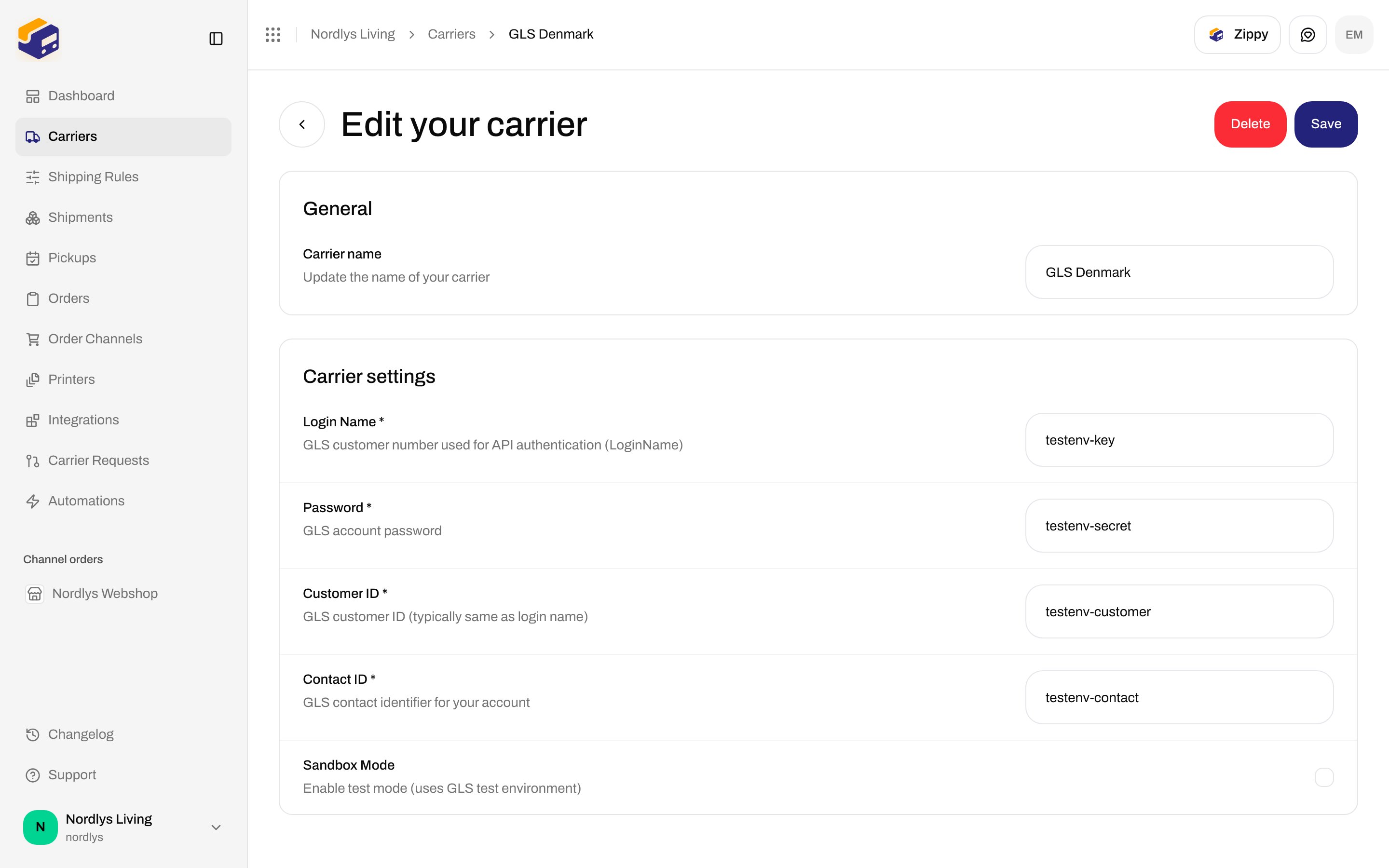 Edit your carrier for GLS Denmark with Login Name, Password, Customer ID, Contact ID, and Sandbox Mode