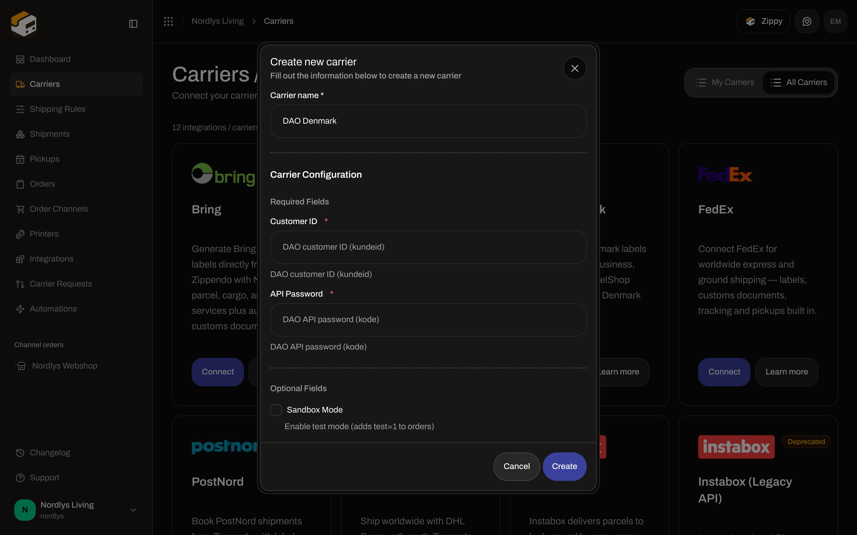 Create new carrier for DAO Denmark with Customer ID and API Password