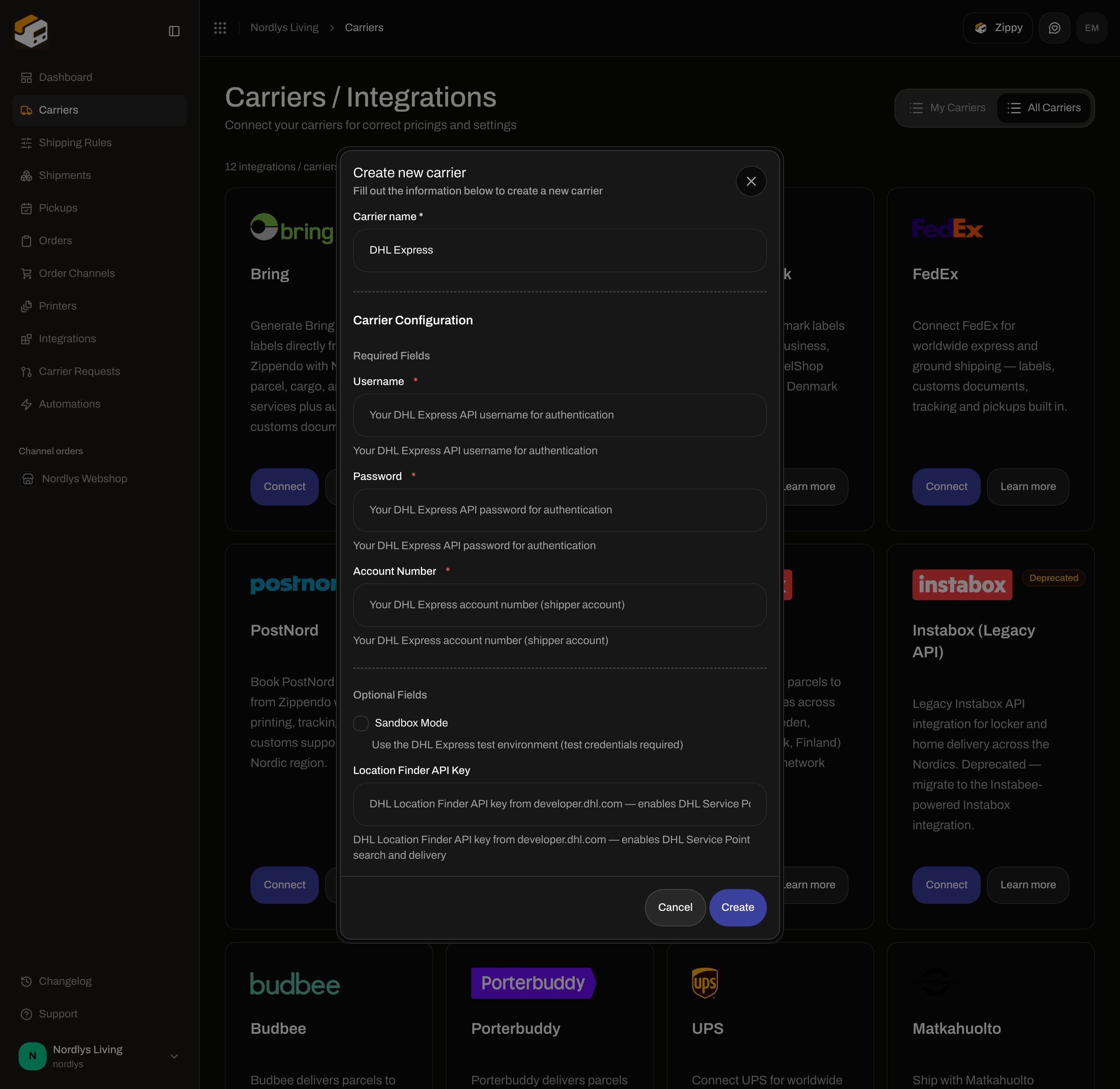 DHL Express connect form scrolled to Sandbox Mode and Location Finder API Key