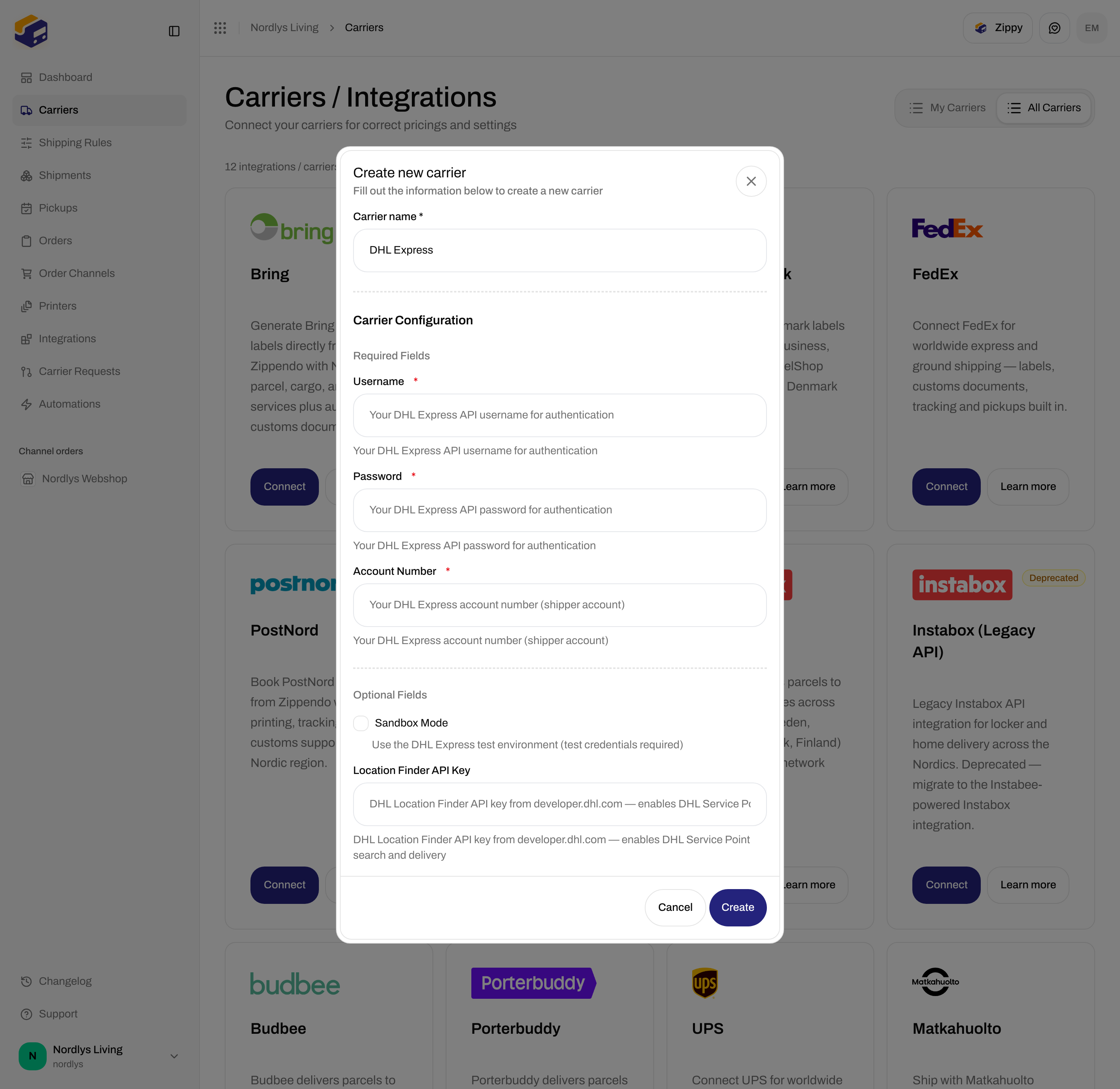 DHL Express connect form scrolled to Sandbox Mode and Location Finder API Key