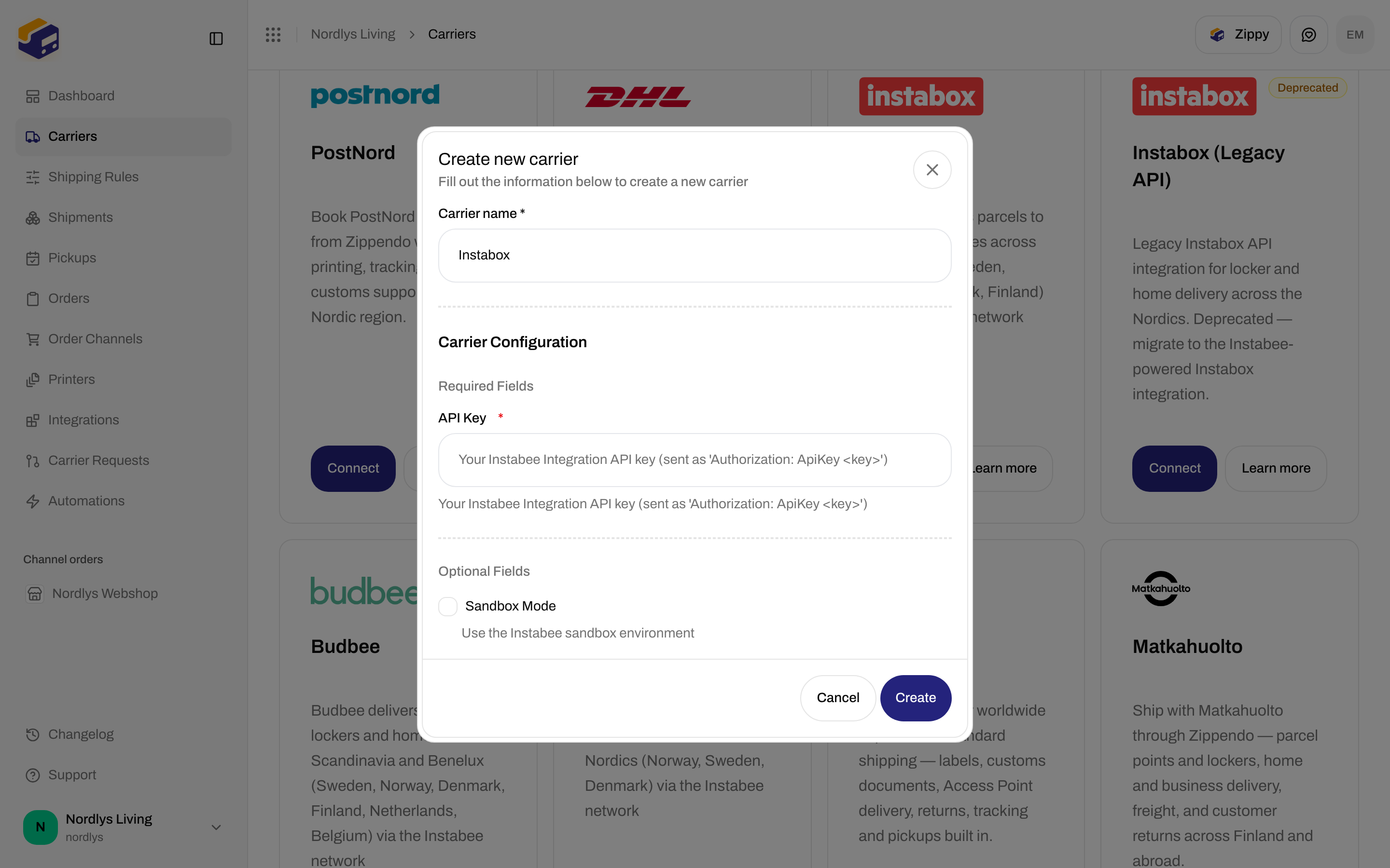 Create new carrier for Instabox with API Key and Sandbox Mode