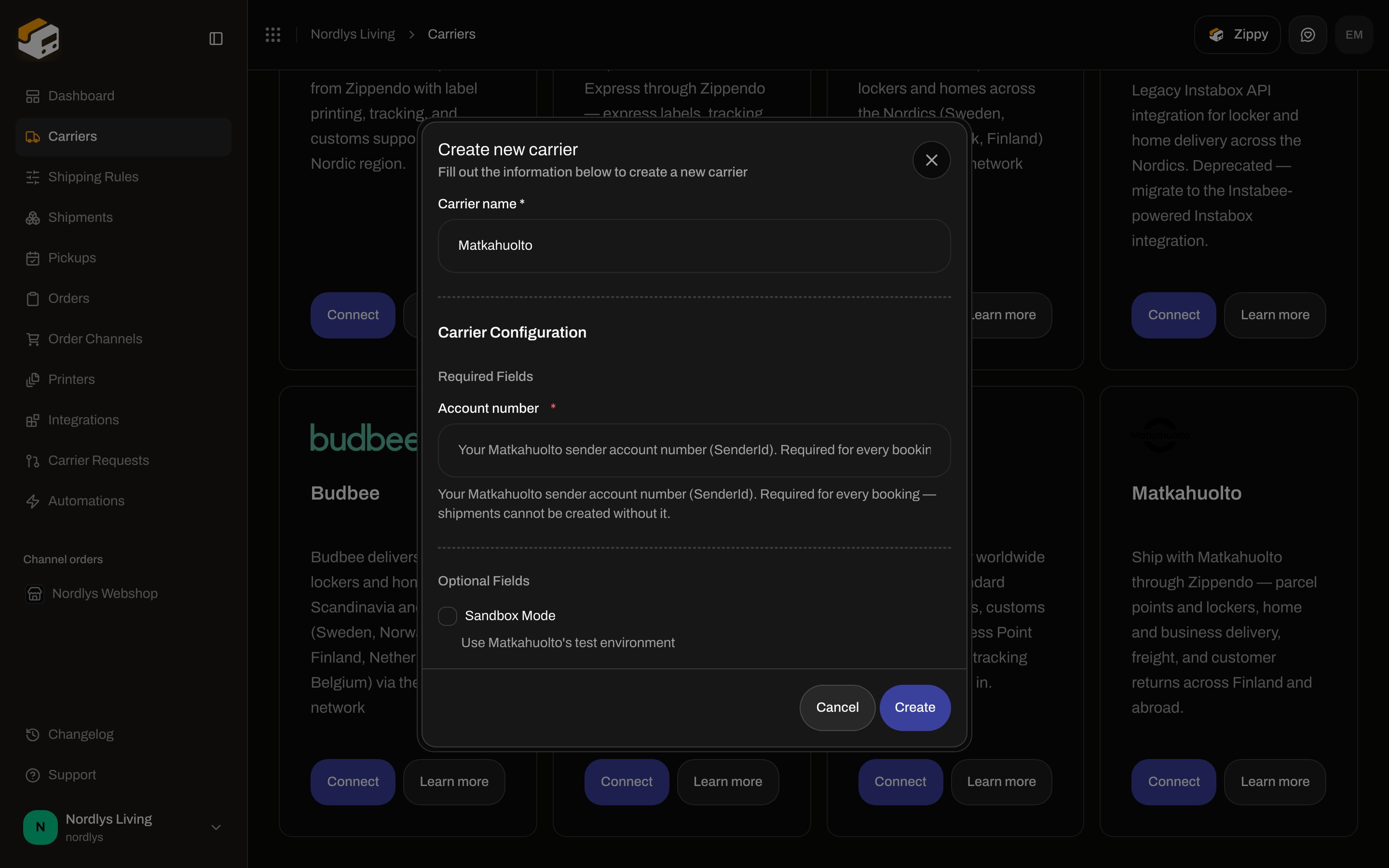 Create new carrier for Matkahuolto with Account number required