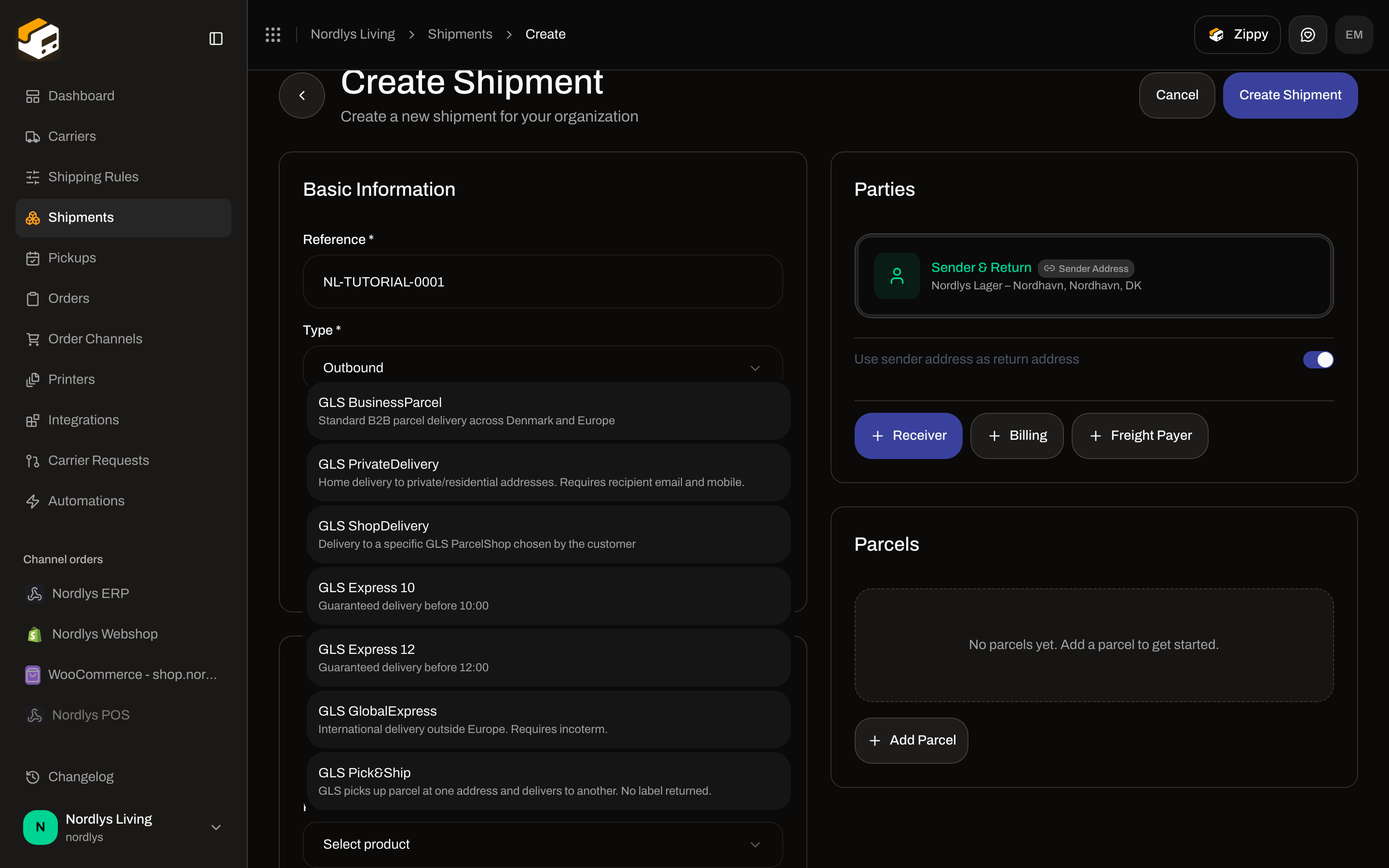 Create Shipment Carrier Settings with GLS Denmark selected and the Product list open