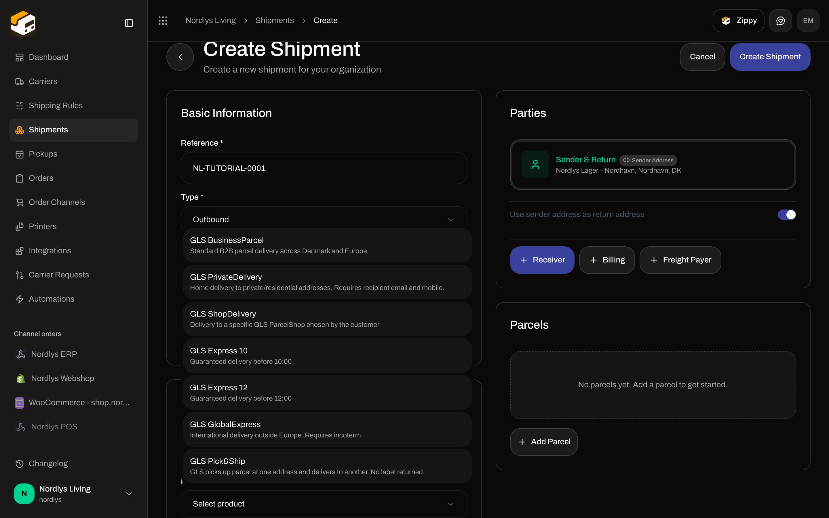 Create Shipment Carrier Settings with GLS Denmark selected and the Product list open