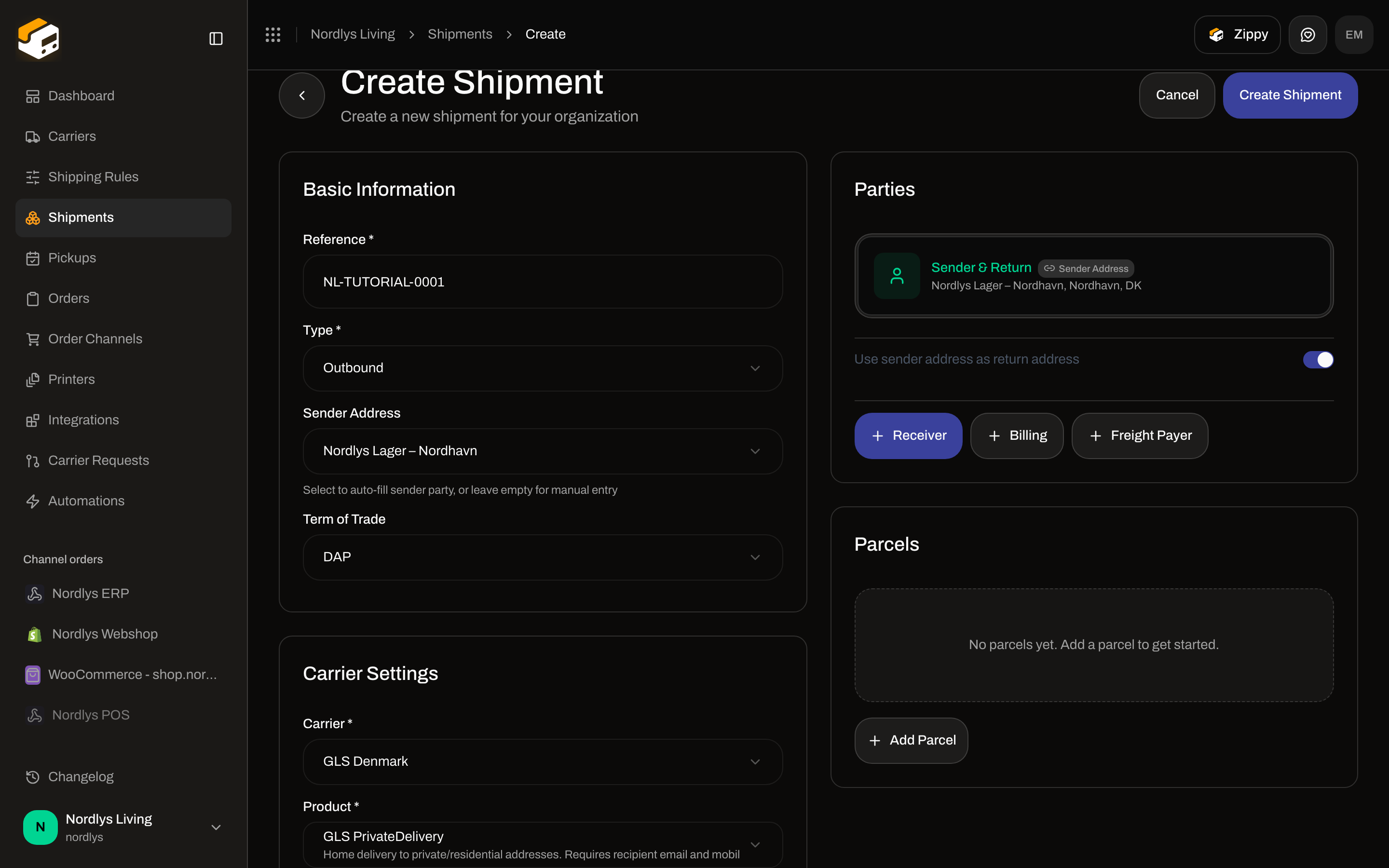 Create Shipment Carrier Settings with GLS PrivateDelivery and three service chips