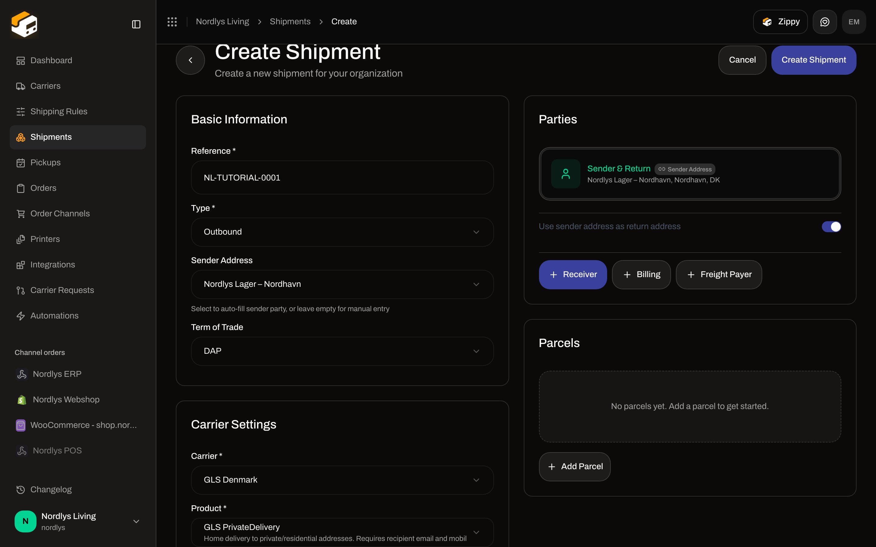 Create Shipment Carrier Settings with GLS PrivateDelivery and three service chips