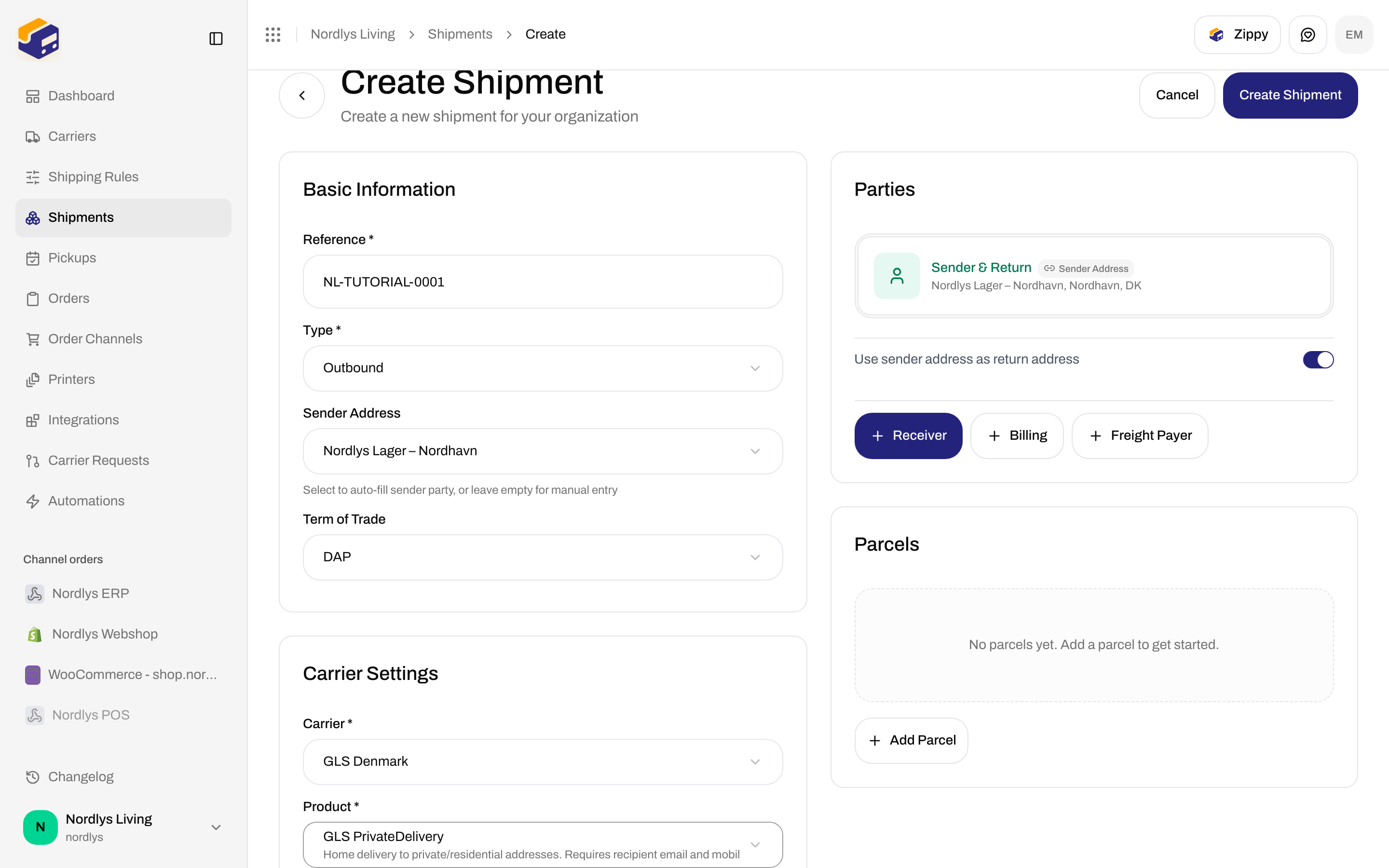 Create Shipment Carrier Settings with GLS PrivateDelivery and three service chips