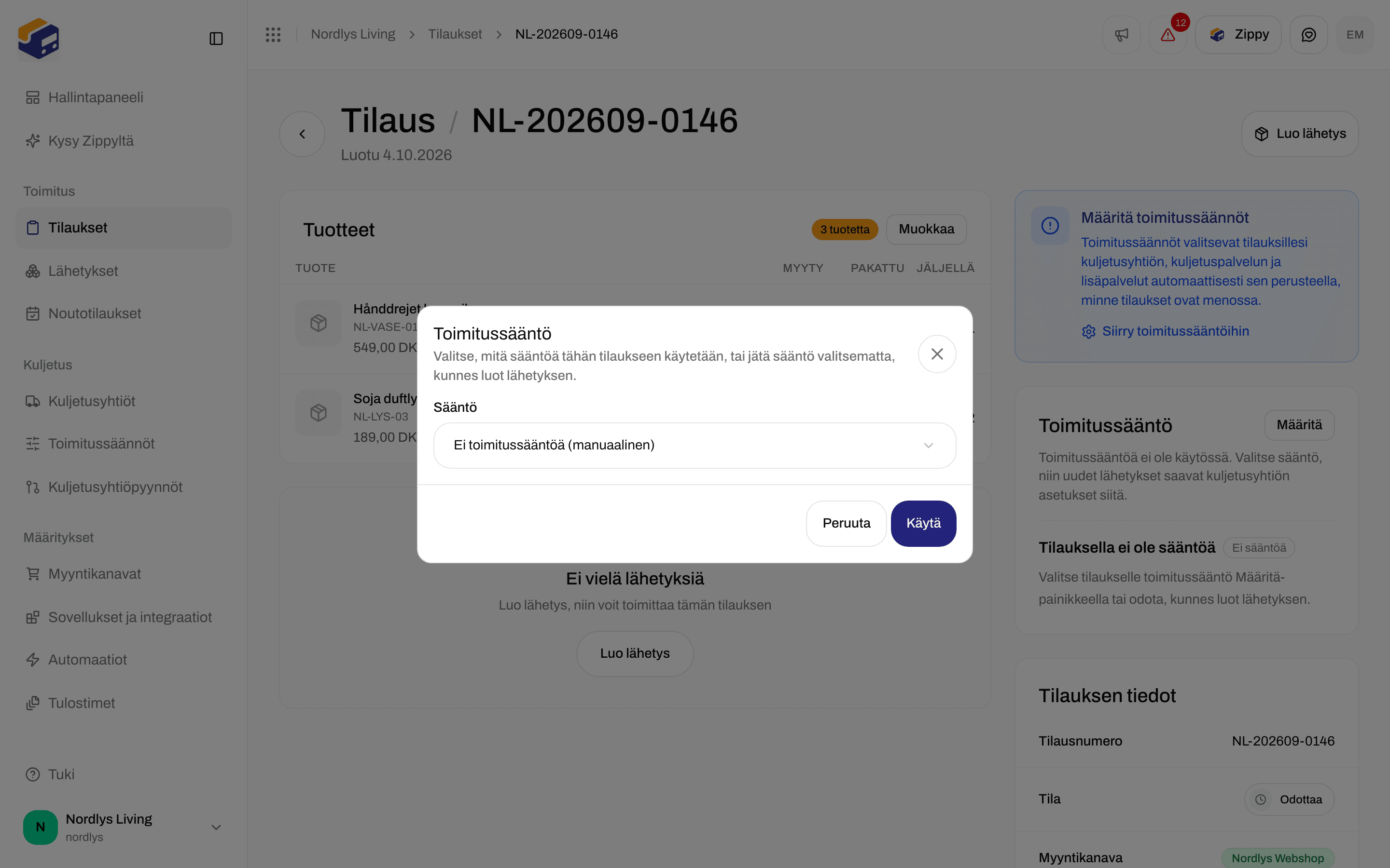 Tilauksen Toimitussääntö-ikkuna, jossa sääntöluettelon arvo on Ei toimitussääntöä (manuaalinen)