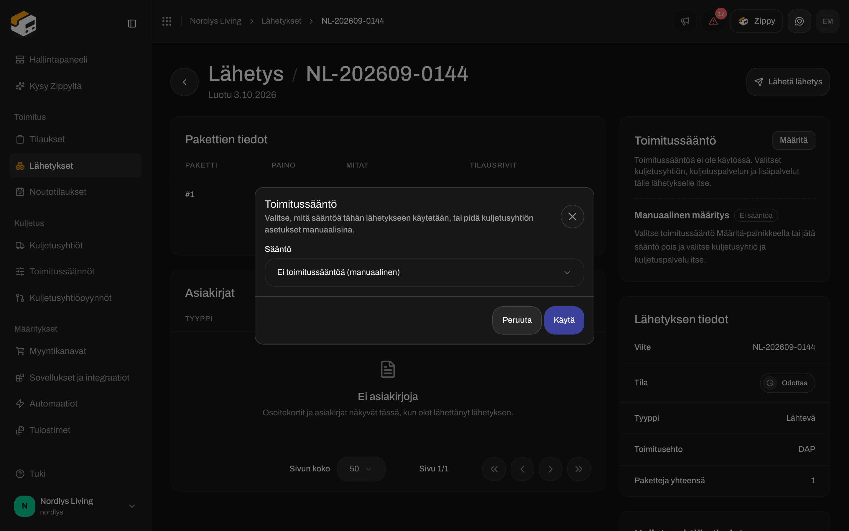 Lähetyksen Toimitussääntö-ikkuna, jossa Käytä ja sääntöluettelo