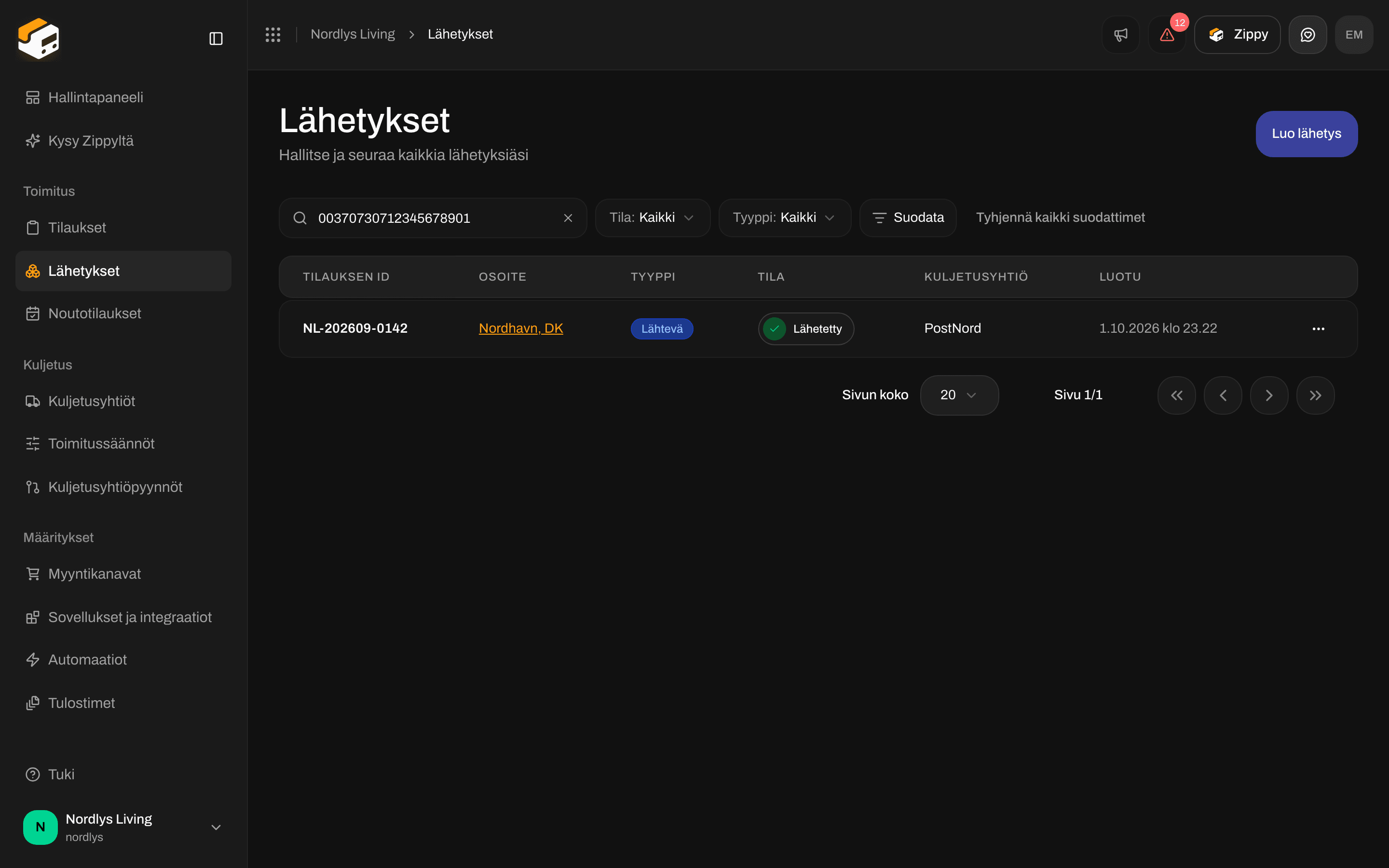 Lähetysluettelo, jossa seurantakoodia vastaava lähetys