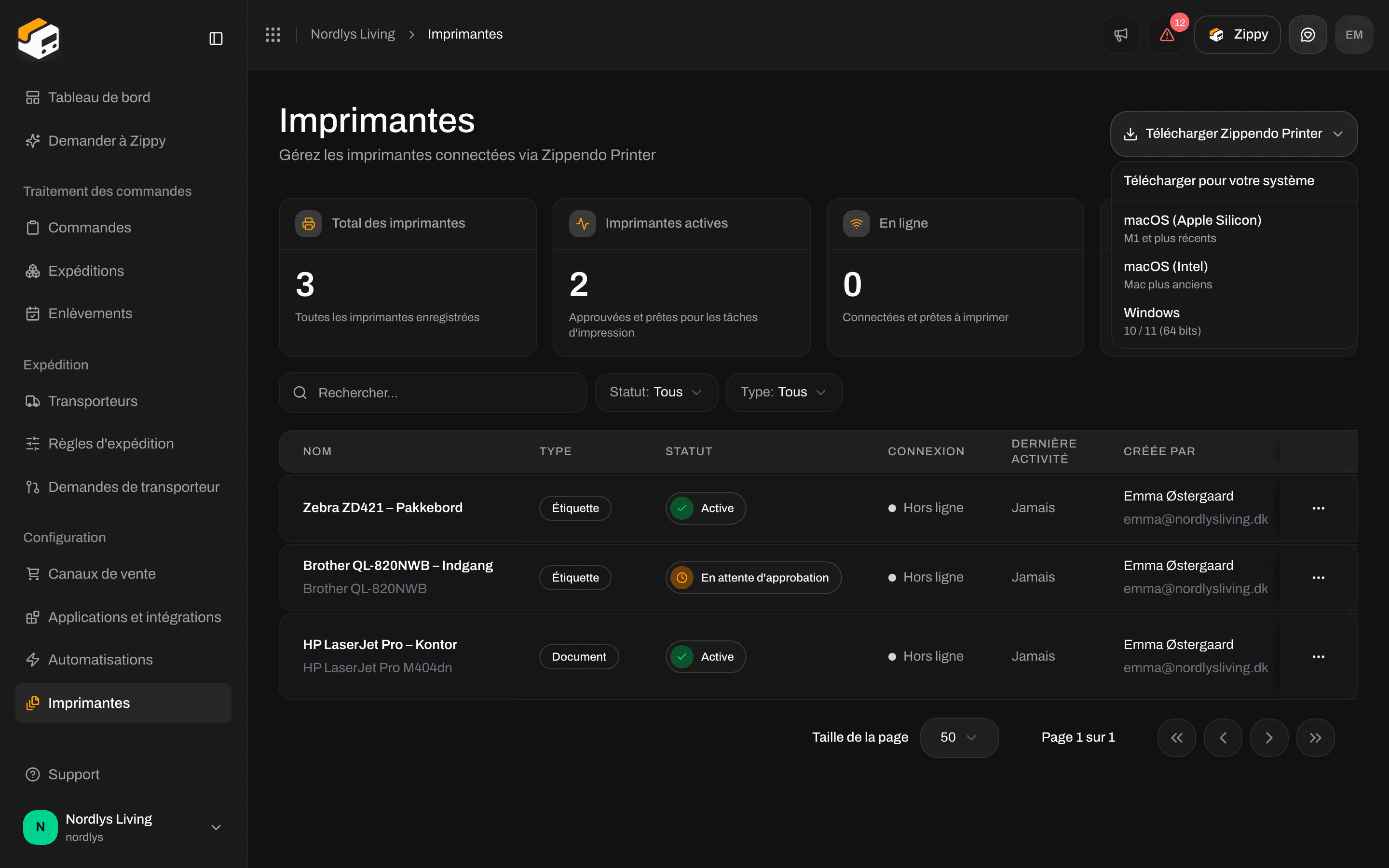 Menu de téléchargement de la page Imprimantes avec les programmes d'installation macOS Apple Silicon, macOS Intel et Windows