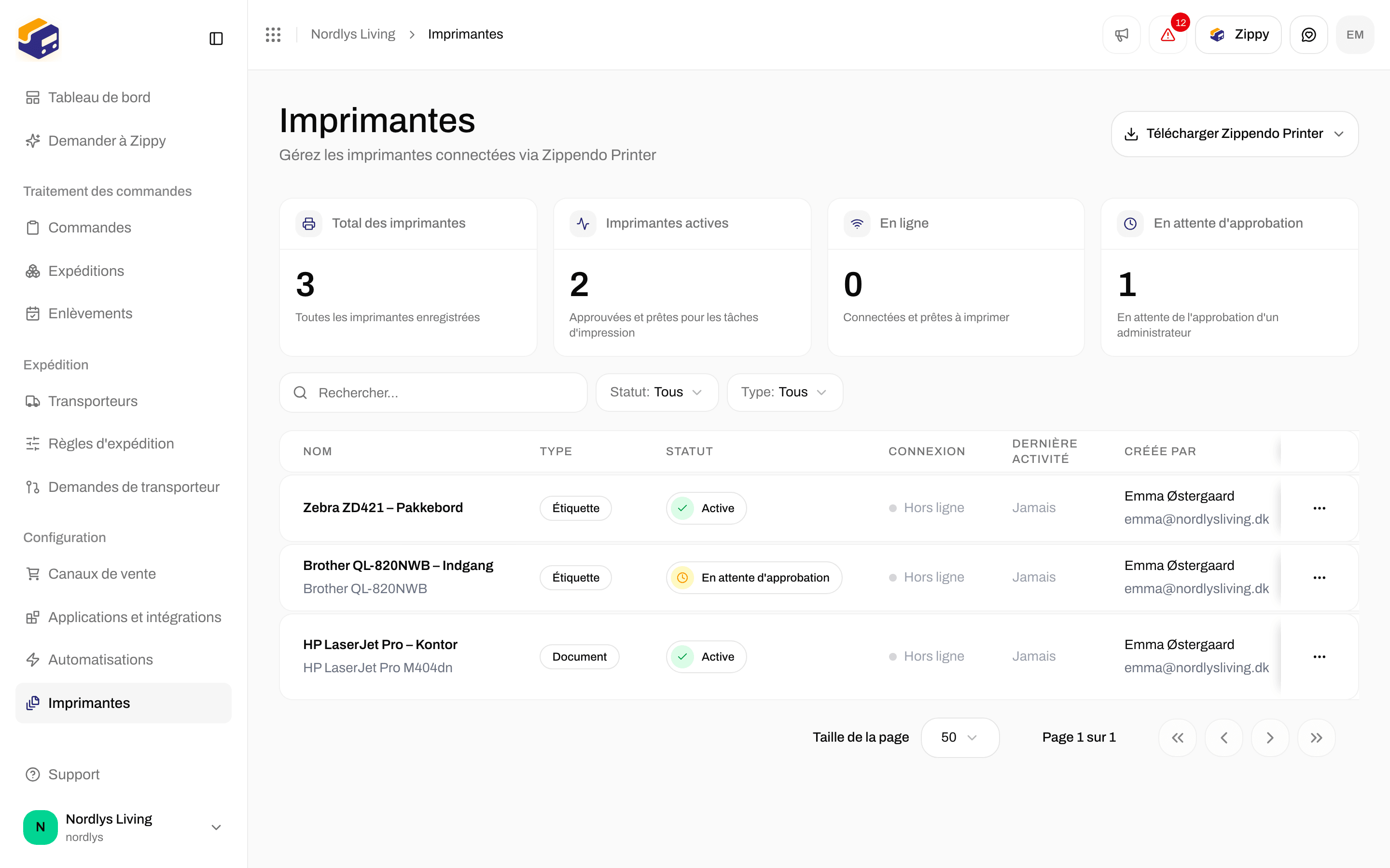 Filtres sur la page Imprimantes avec Rechercher, Statut et Type