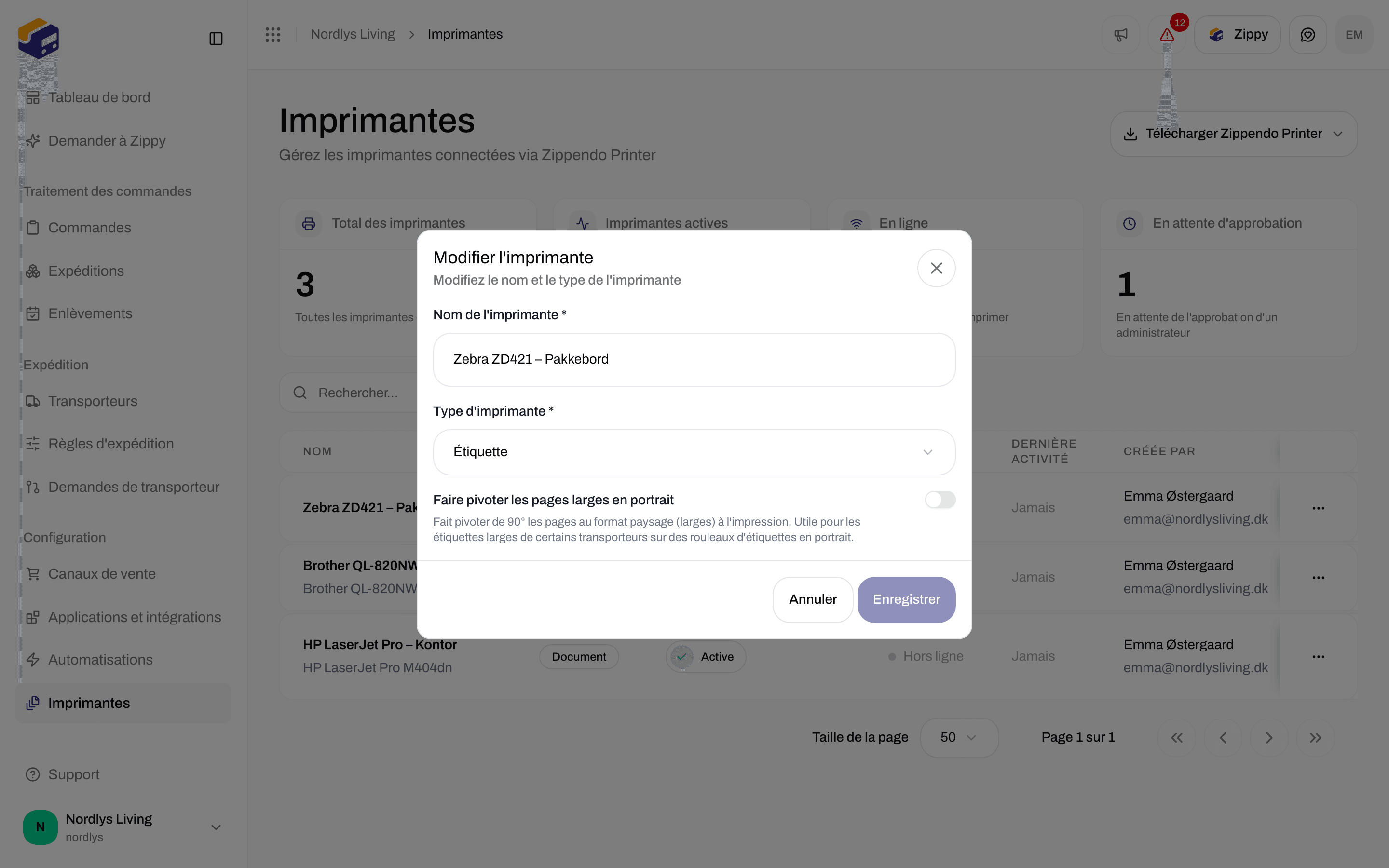 Fenêtre Modifier l'imprimante avec Nom de l'imprimante, Type d'imprimante réglé sur Étiquette, et l'interrupteur Faire pivoter les pages larges en portrait