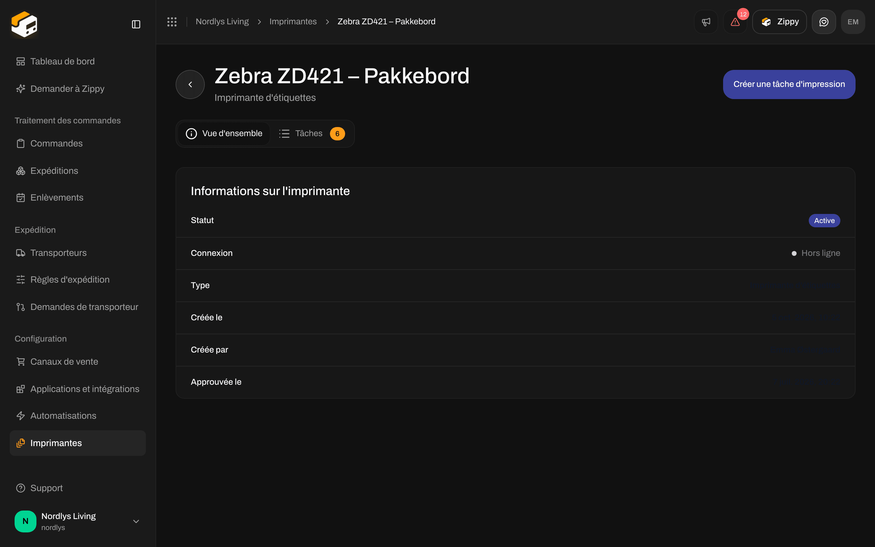 Onglet Vue d'ensemble de la page d'une imprimante avec Informations sur l'imprimante, statut Active et connexion Hors ligne