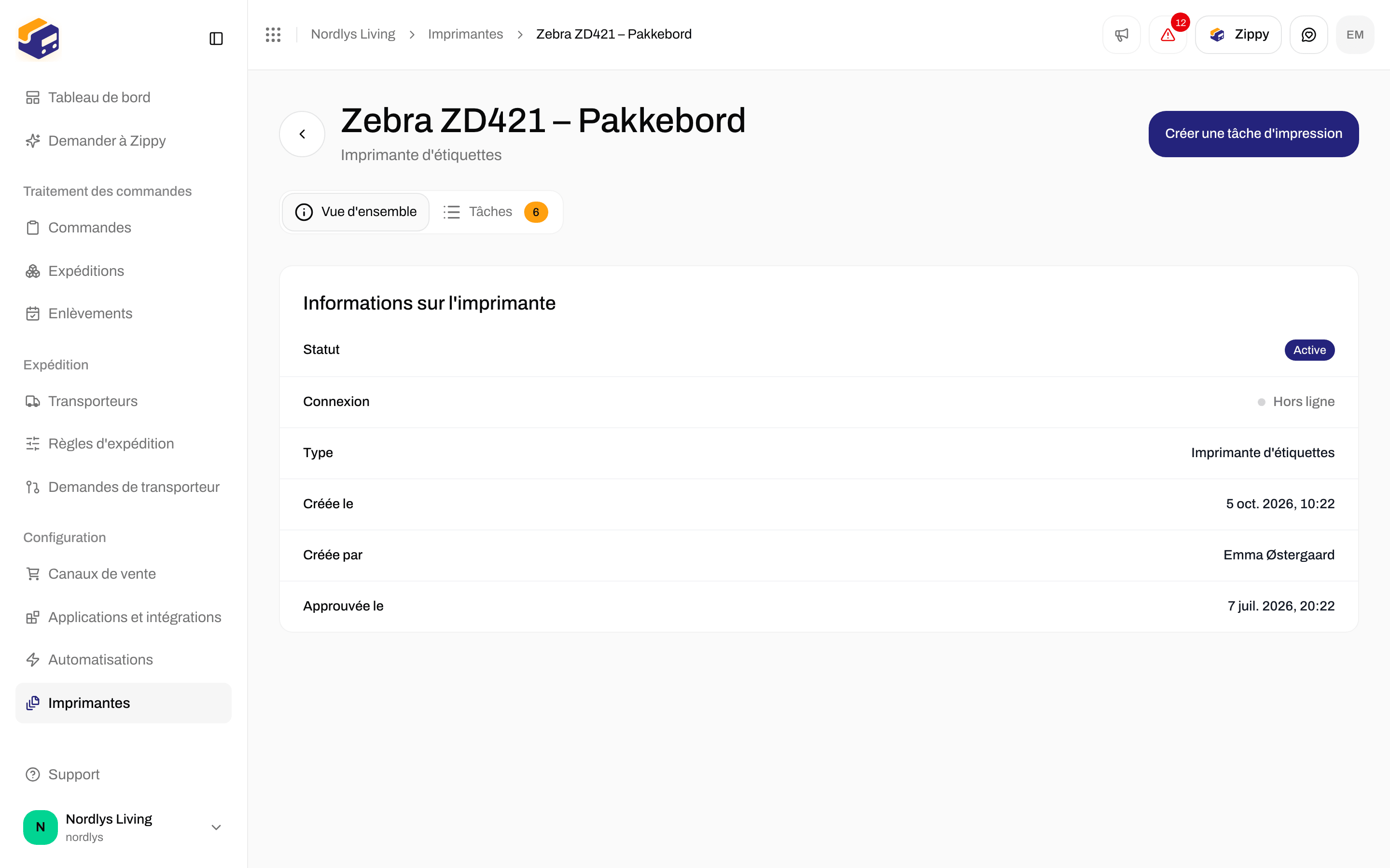 Onglet Vue d'ensemble de la page d'une imprimante avec Informations sur l'imprimante, statut Active et connexion Hors ligne