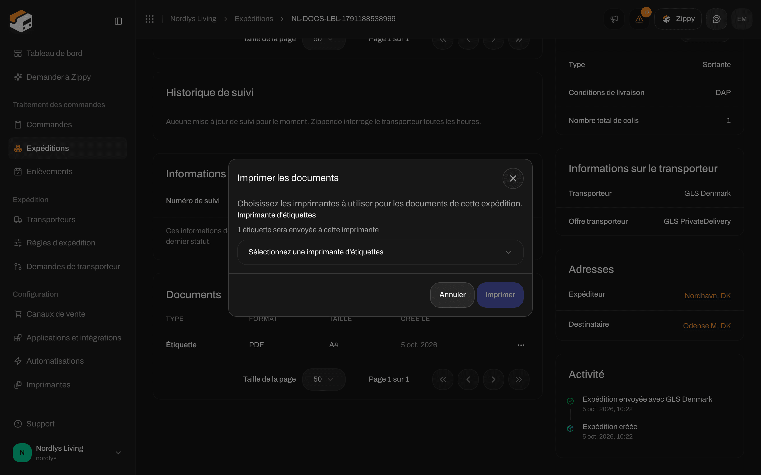 Fenêtre Imprimer les documents qui demande de choisir une imprimante d'étiquettes pour les documents de l'expédition