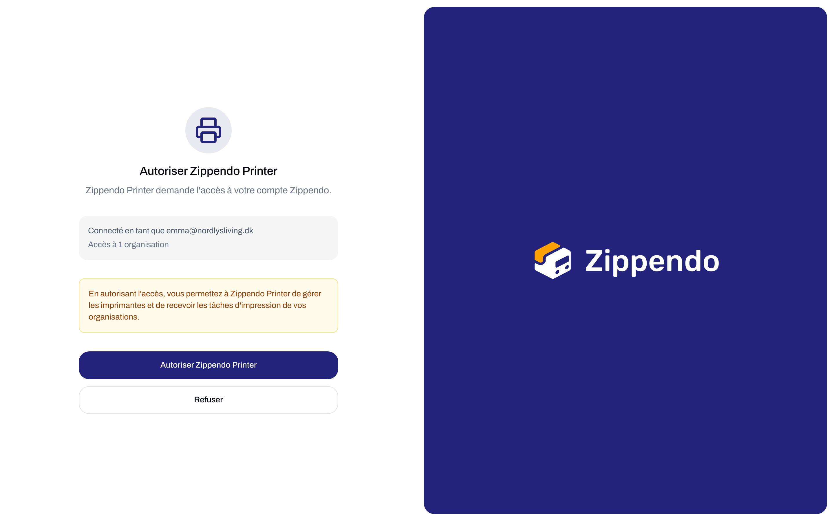 Page d'autorisation dans le navigateur avec l'e-mail connecté, l'avertissement sur l'accès et les boutons Autoriser et Refuser
