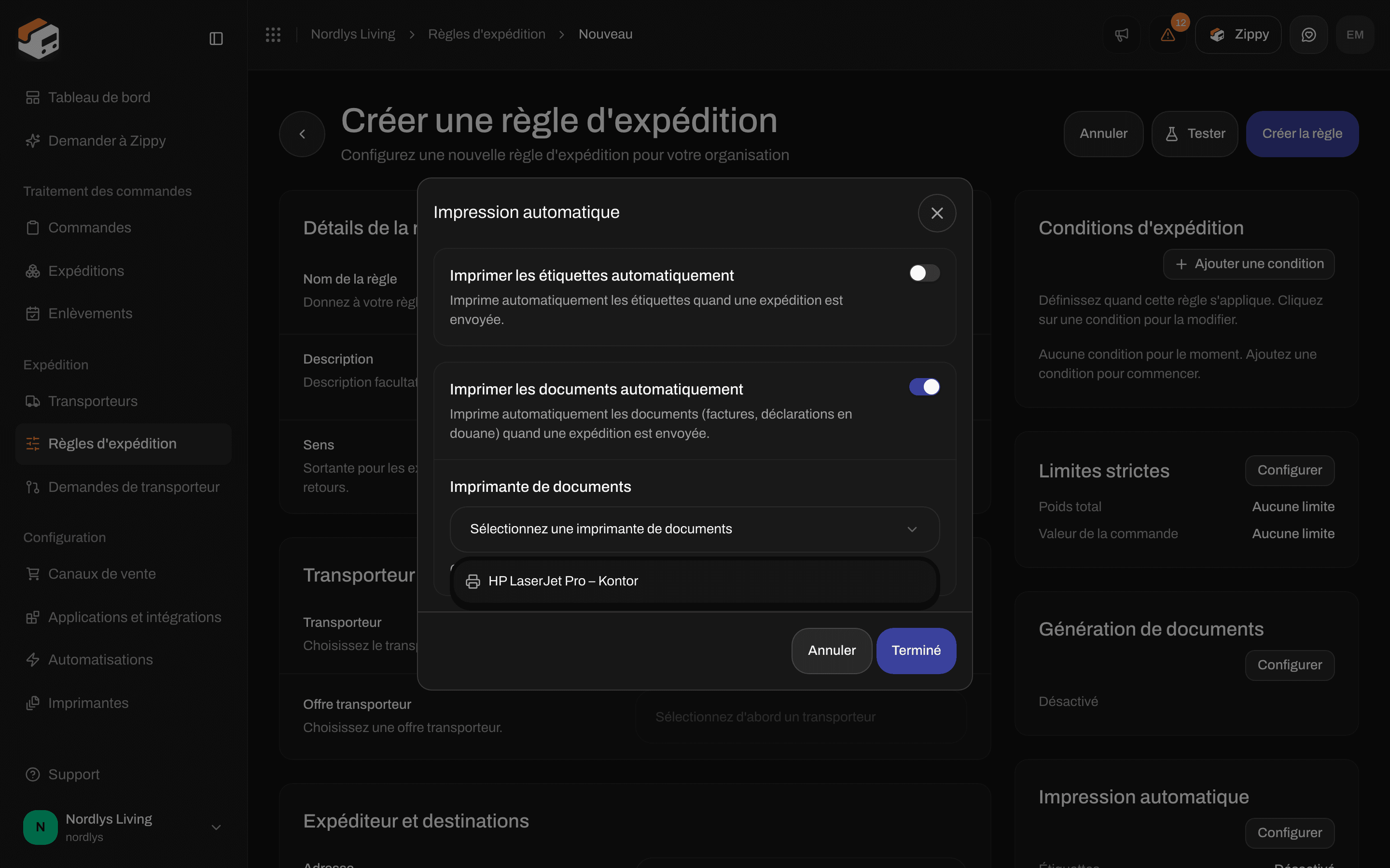 Fenêtre Impression automatique avec Imprimer les documents automatiquement activé et la liste Imprimante de documents