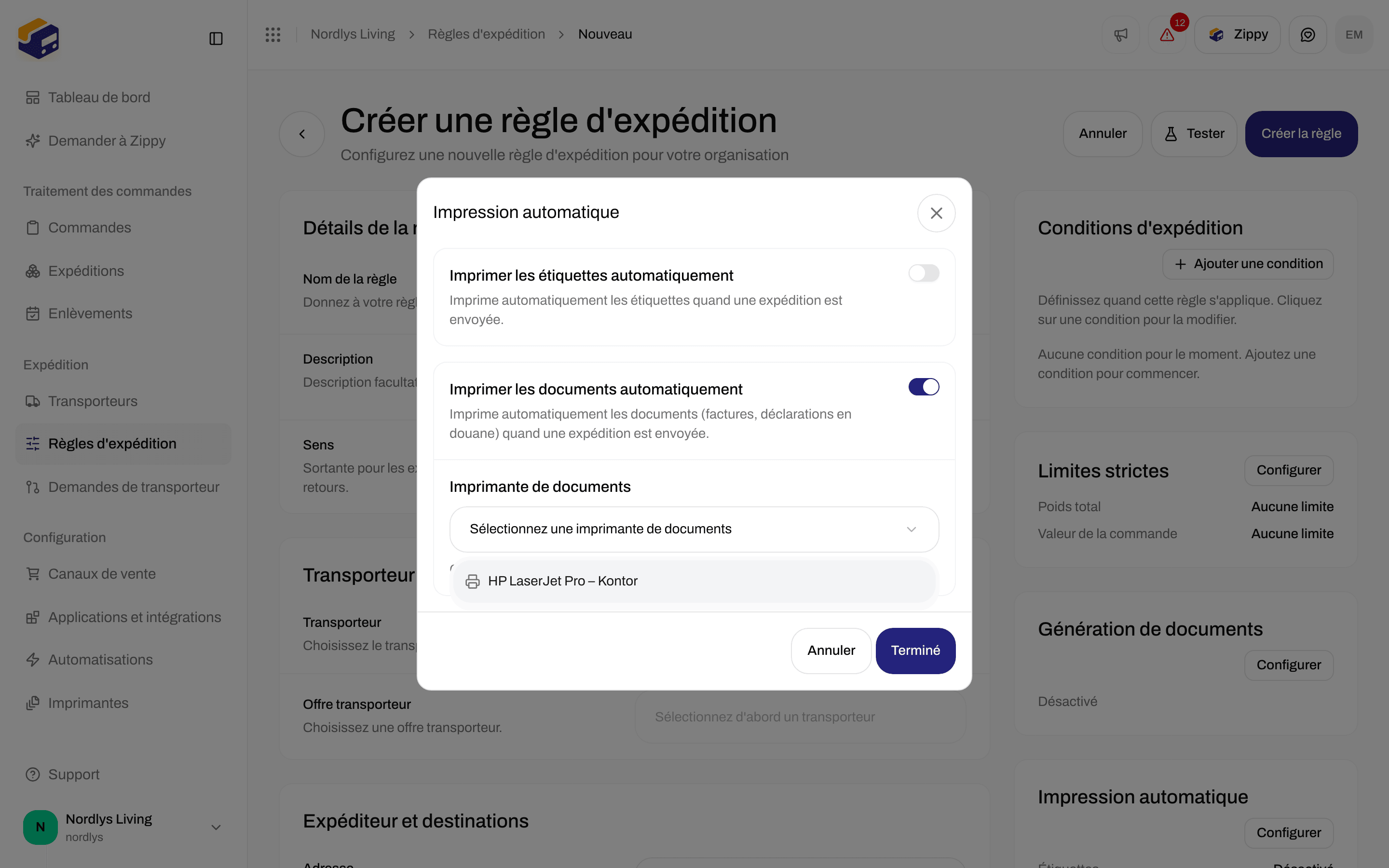Fenêtre Impression automatique avec Imprimer les documents automatiquement activé et la liste Imprimante de documents