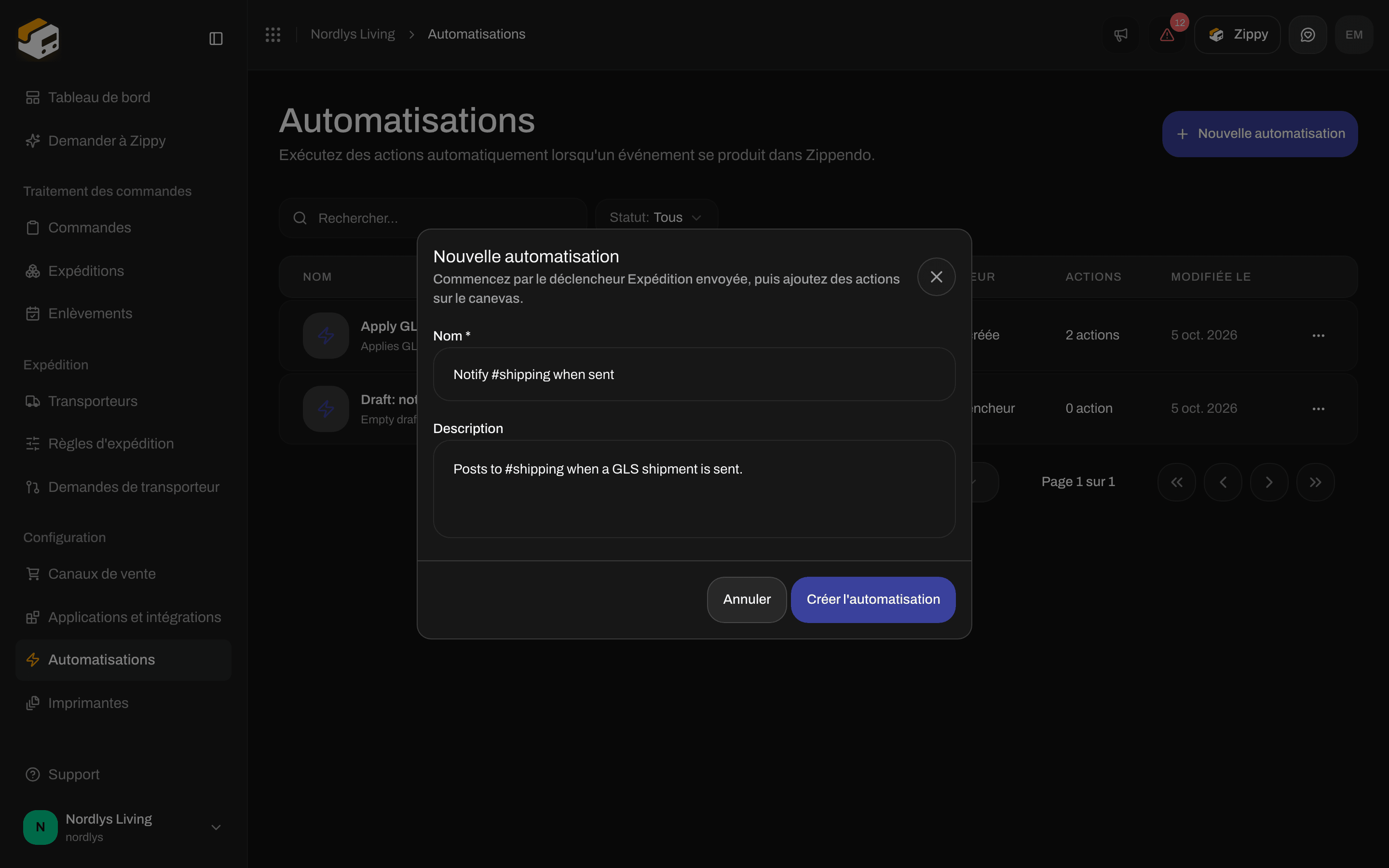 Fenêtre Nouvelle automatisation avec Nom, Description, Annuler et Créer une automatisation