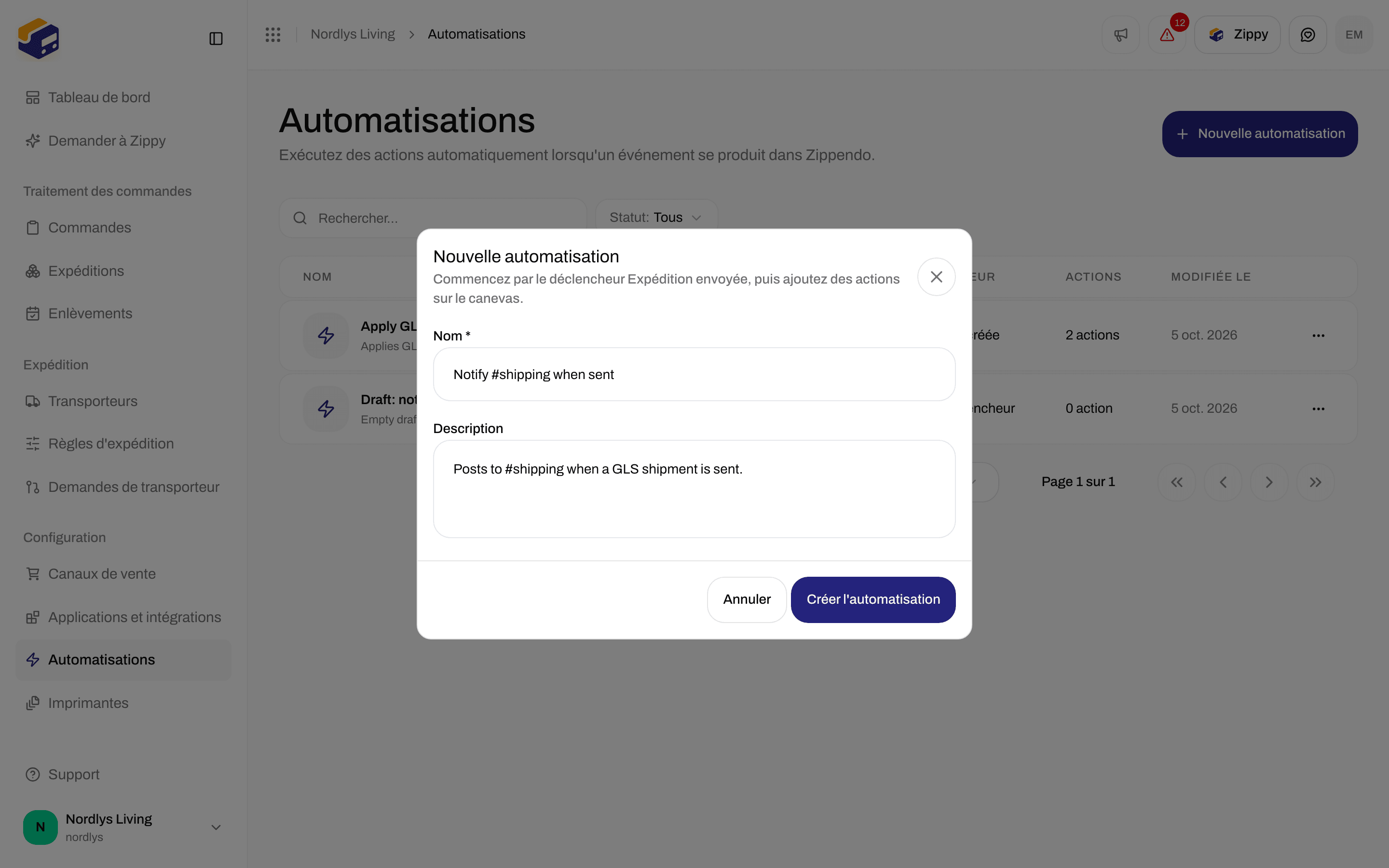 Fenêtre Nouvelle automatisation avec Nom, Description, Annuler et Créer une automatisation