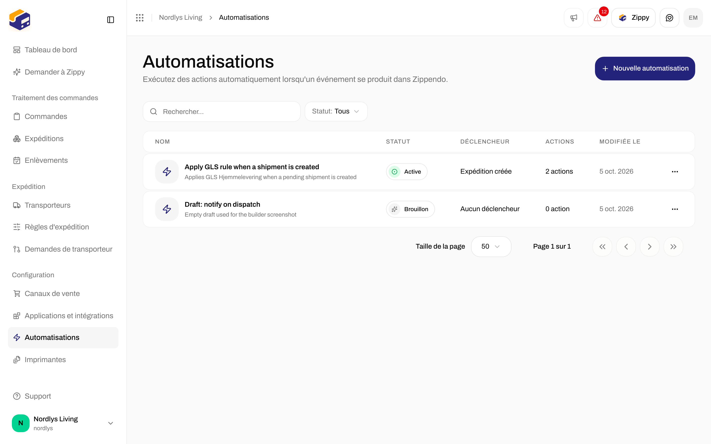 Panneau Filtres avec recherche et Statut sur la liste Automatisations