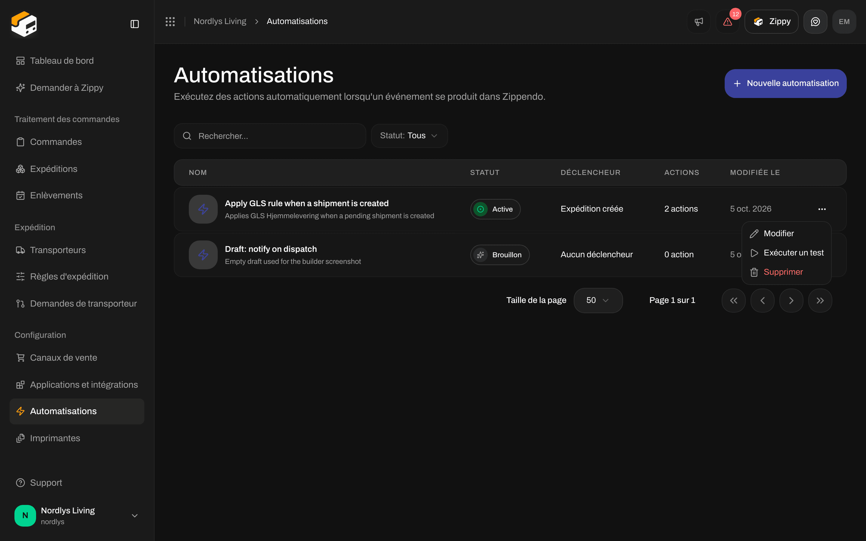 Menu d'une ligne d'automatisation avec Modifier, Exécuter un test et Supprimer