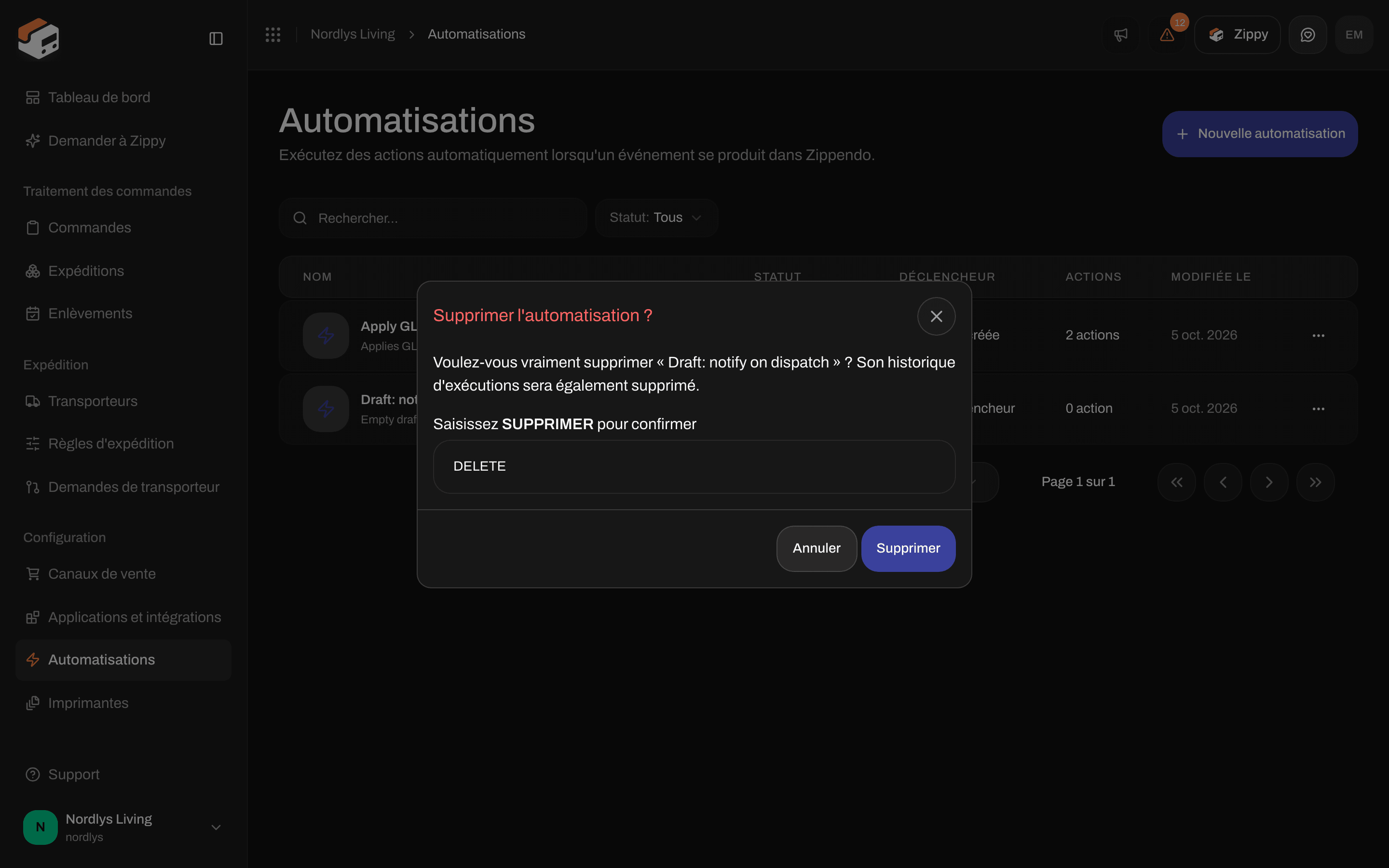 Fenêtre Supprimer l'automatisation demandant de saisir DELETE pour confirmer