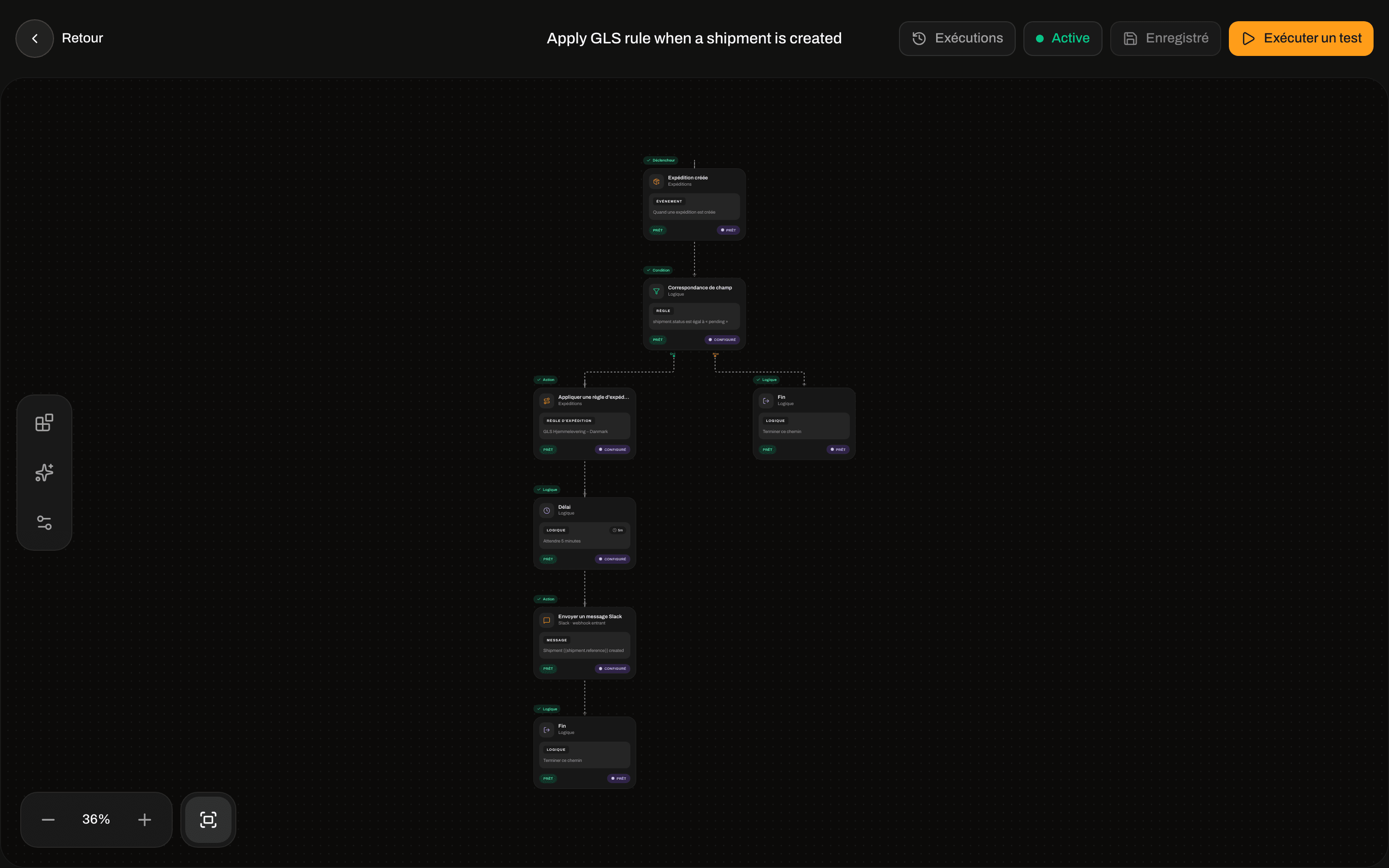 Canevas d'automatisation avec Expédition créée, Correspondance de champ, Appliquer une règle d'expédition, Délai, Envoyer un message Slack et Quitter reliés