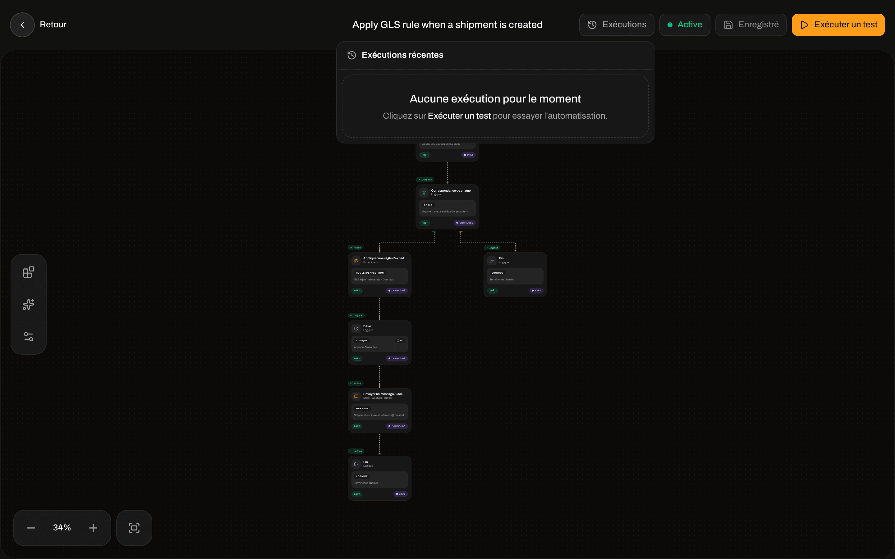 Exécutions récentes affichant Aucune exécution pour le moment et une indication pour cliquer sur Exécuter un test