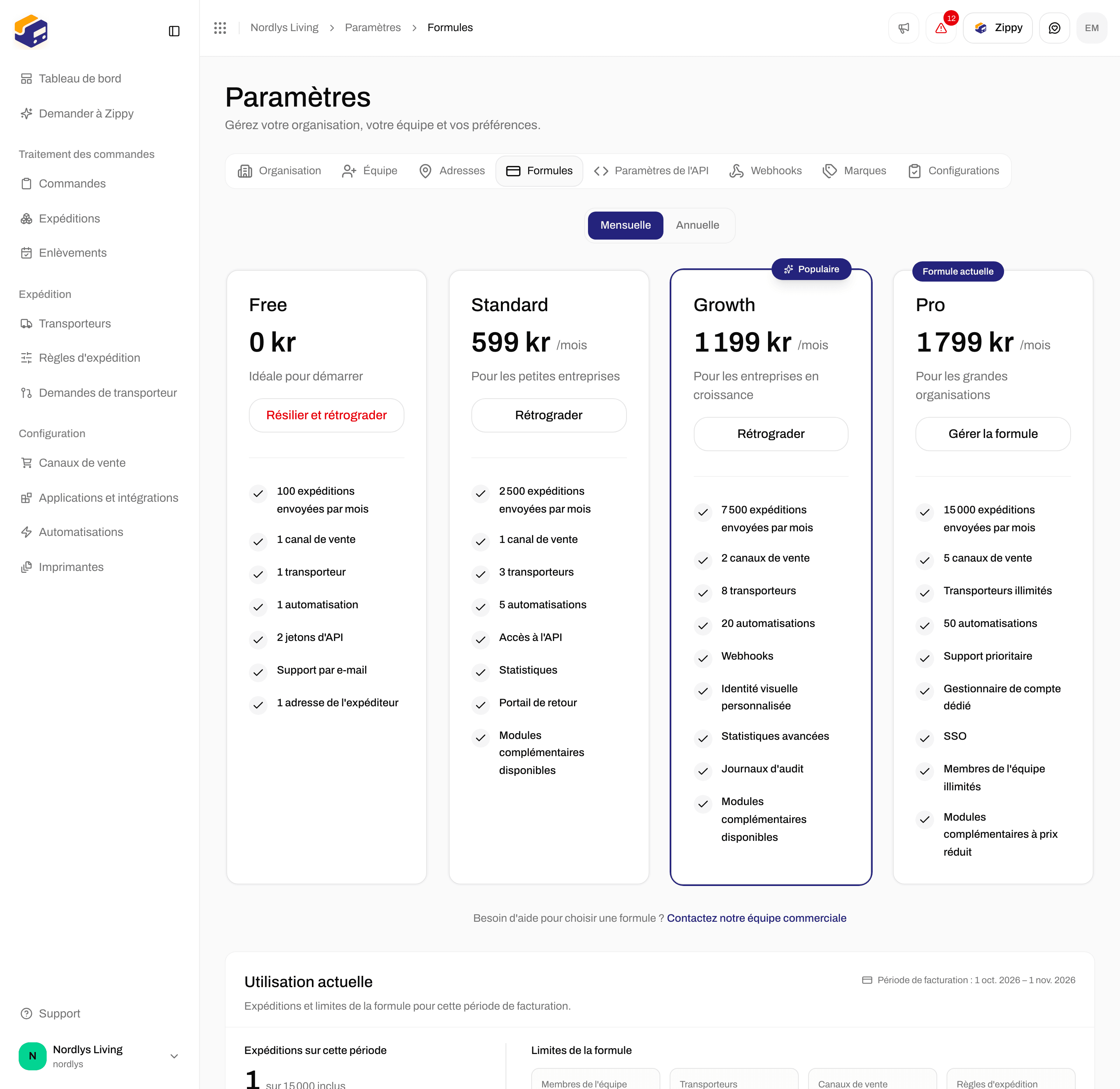 Formules avec les boutons Mensuelle et Annuelle et les cartes Free, Standard, Growth et Pro