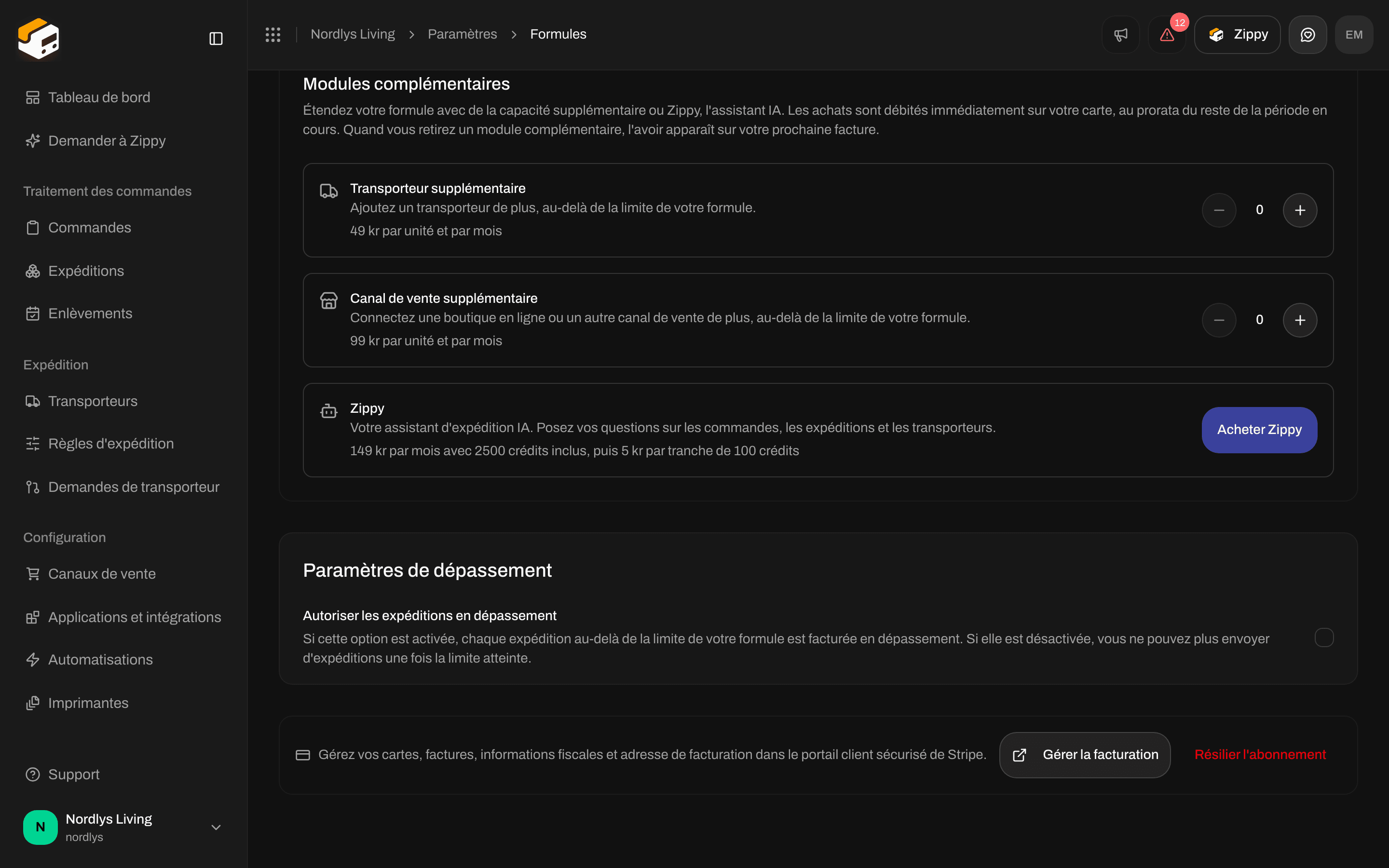 Paramètres de dépassement avec Autoriser les expéditions en dépassement et Gérer la facturation