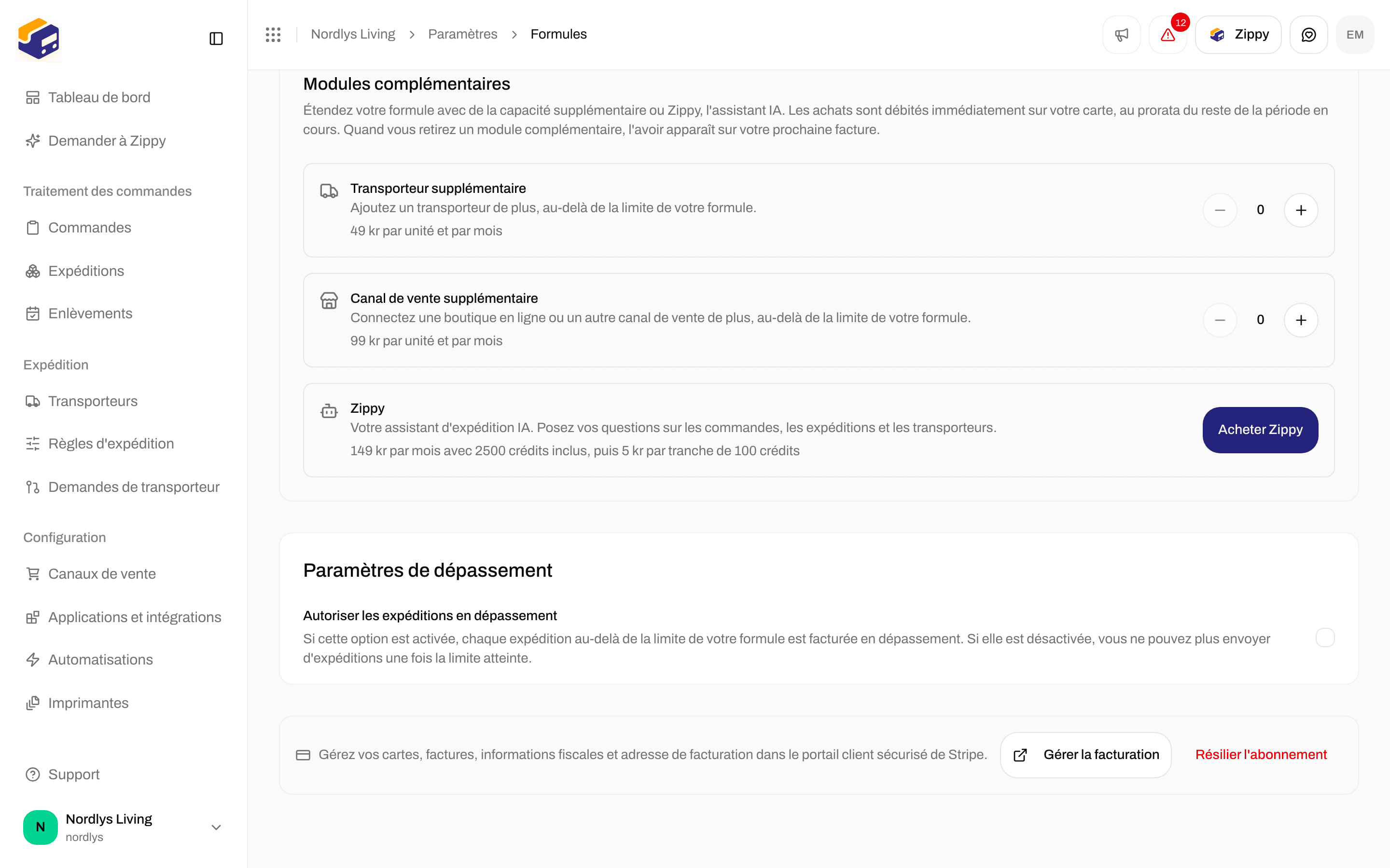 Paramètres de dépassement avec Autoriser les expéditions en dépassement et Gérer la facturation