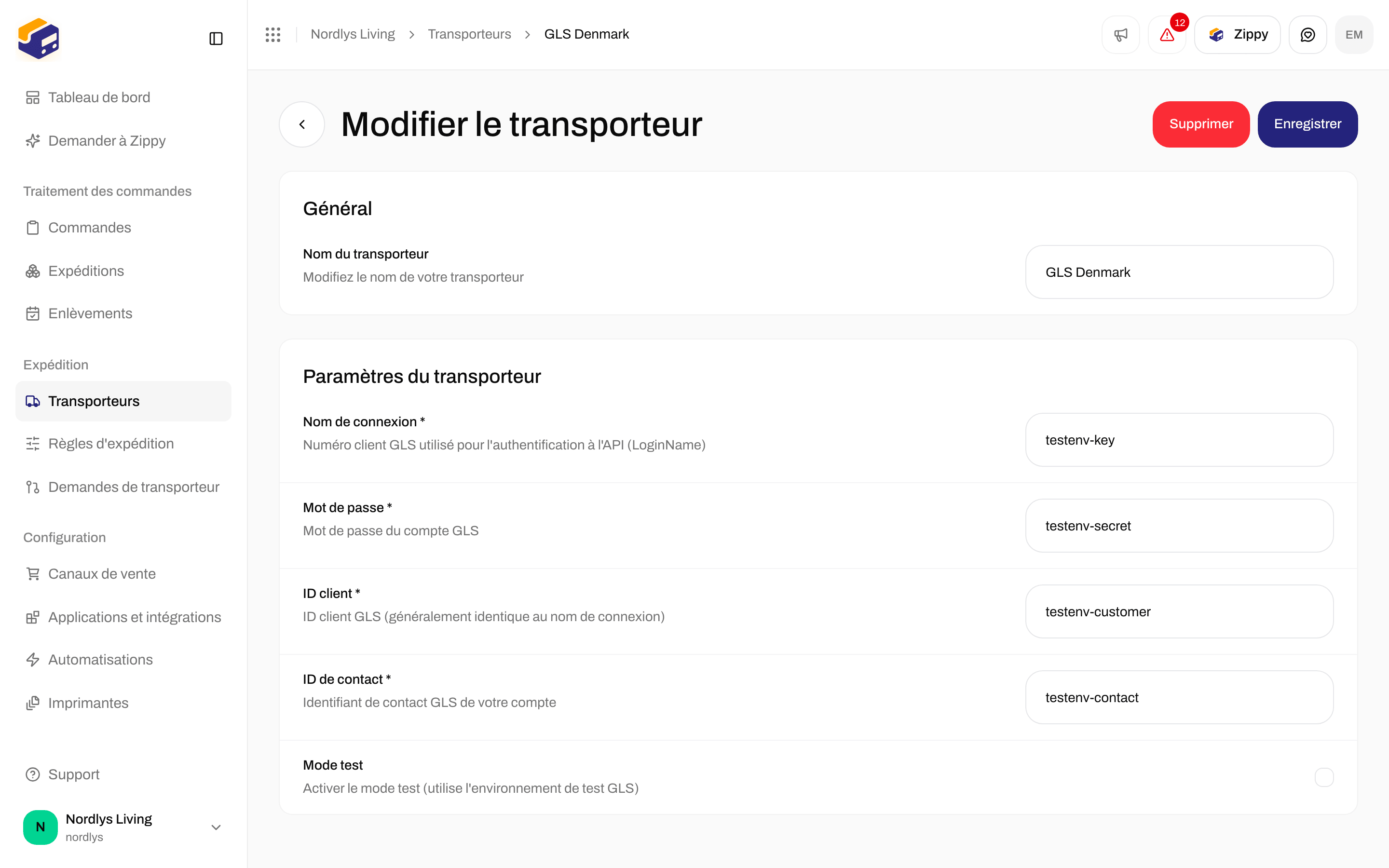 Modifier le transporteur GLS Denmark avec Nom de connexion, Mot de passe, ID client, ID de contact et Mode test